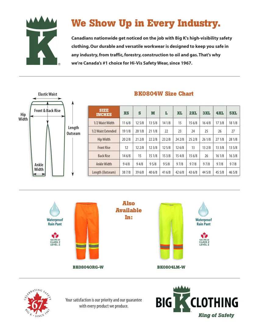 Big K women’s waterproof rain pant size chart with lime and orange color options.