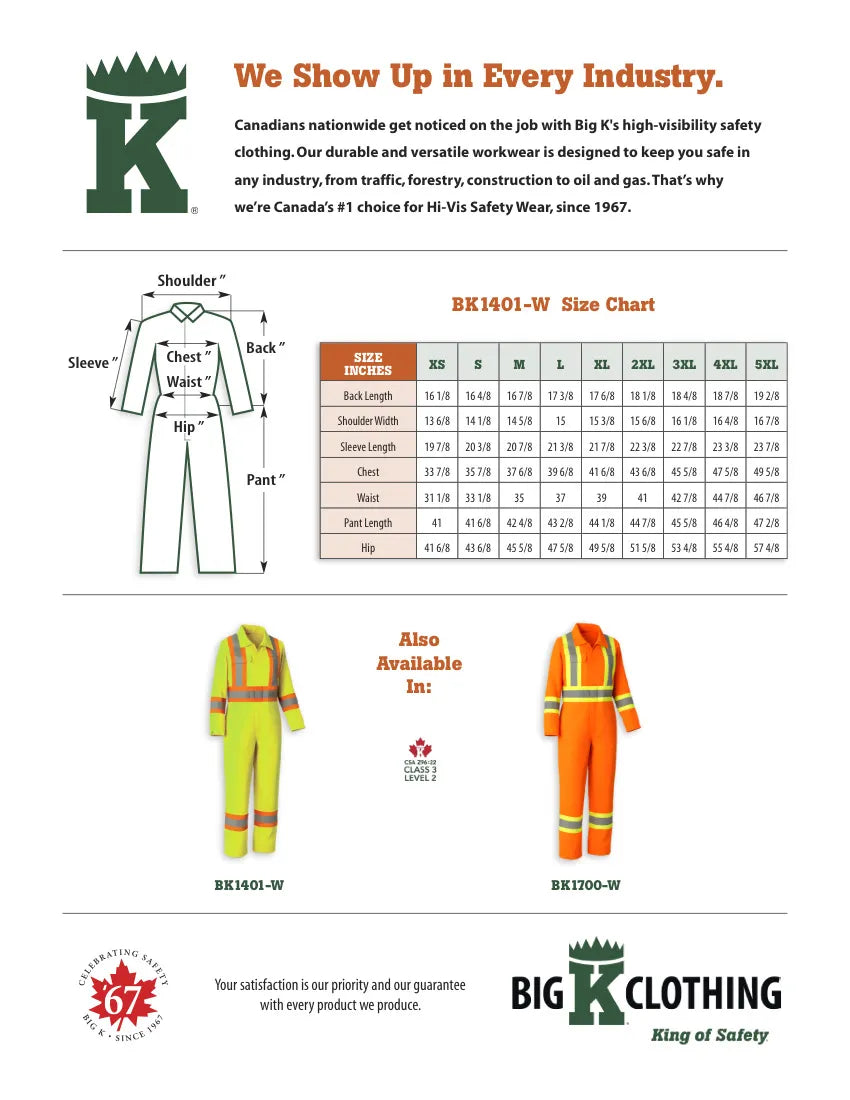 Big K women’s hi-vis safety coveralls size chart with lime and orange color options.