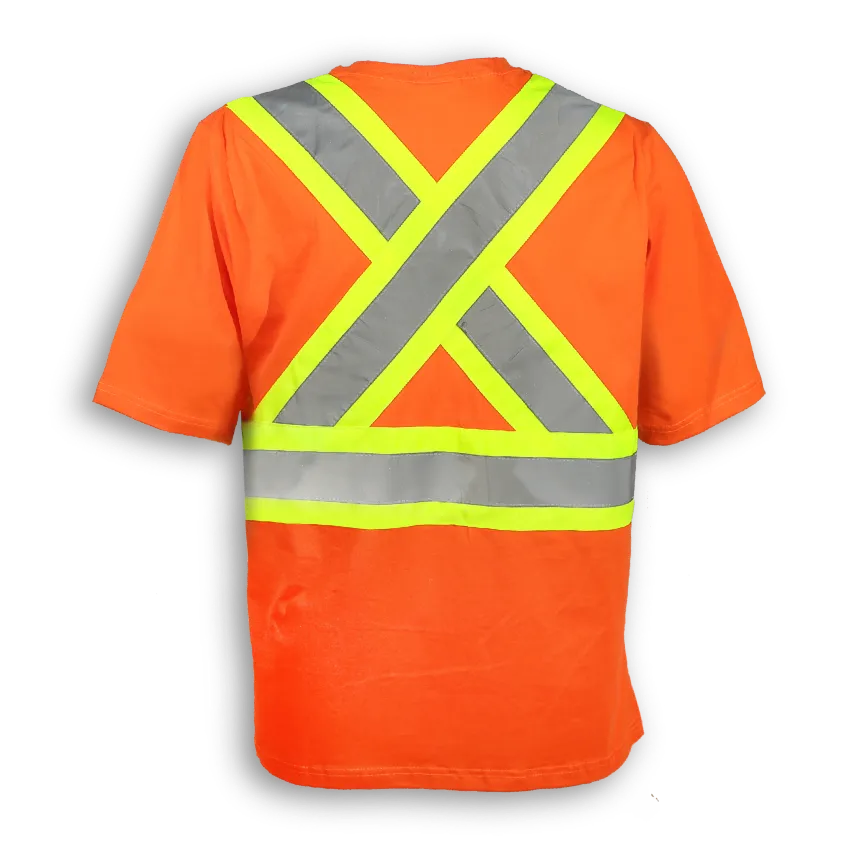 Big K women’s orange short sleeve hi-vis safety t-shirt with X-back reflective tape.
