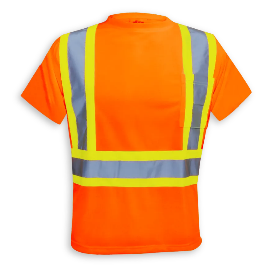 Big K women’s orange short sleeve hi-vis safety t-shirt with front reflective tape and chest pocket.