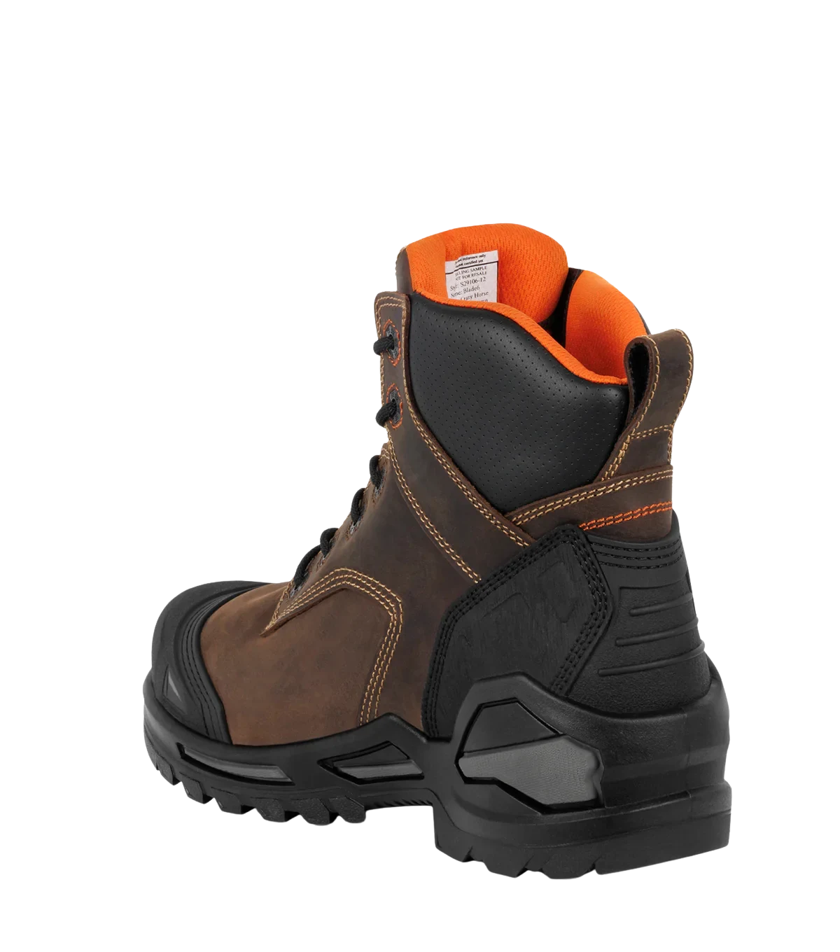 Rear angle view of Blade6 brown leather work boot with orange lining