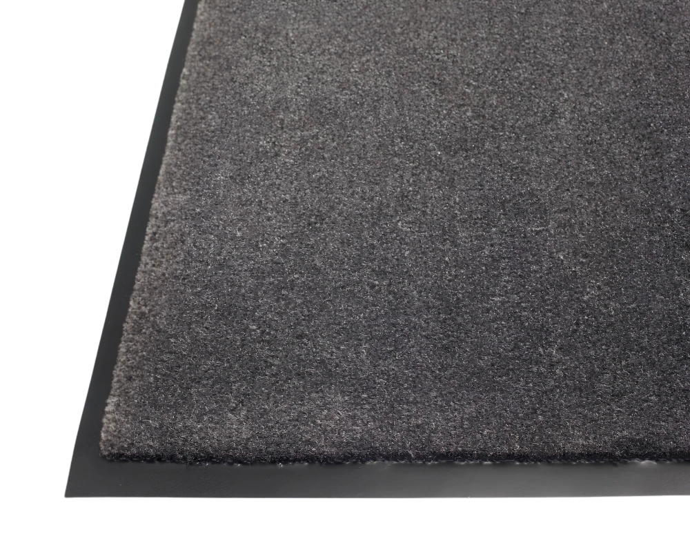 Edgewood Poly-Tuft indoor wiper entrance mat with charcoal carpet face and vinyl backing.