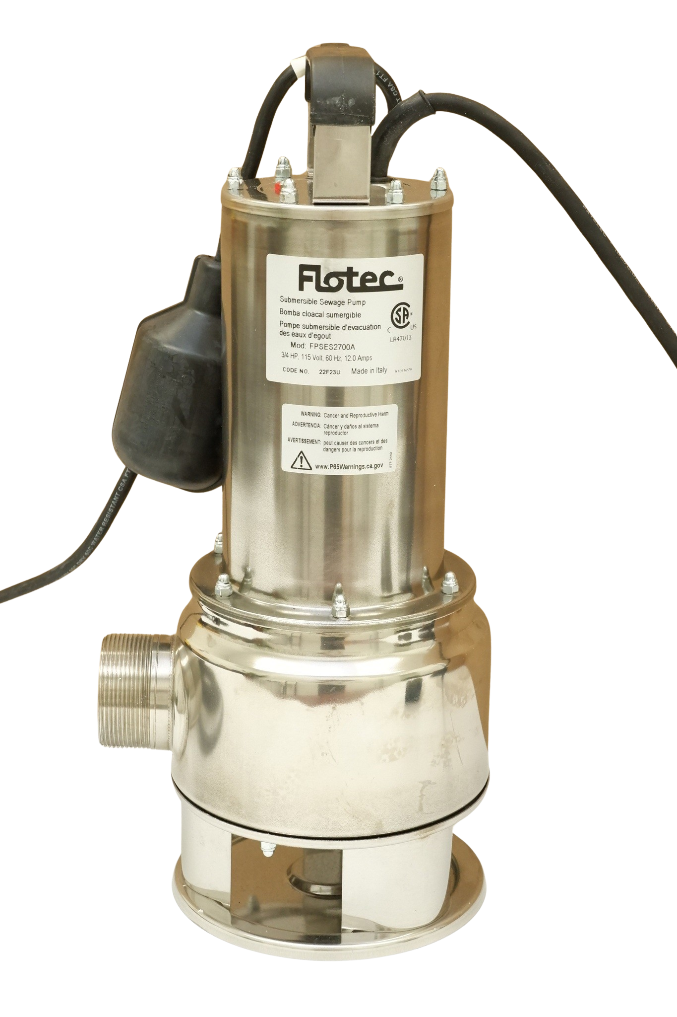 Flotec FPSES2700A 3/4 HP Stainless Steel Sewage Ejector Pump, Tethered Float Switch, 2" Solids, 6960 GPH, 20-ft Cord, 2" NPT Discharge