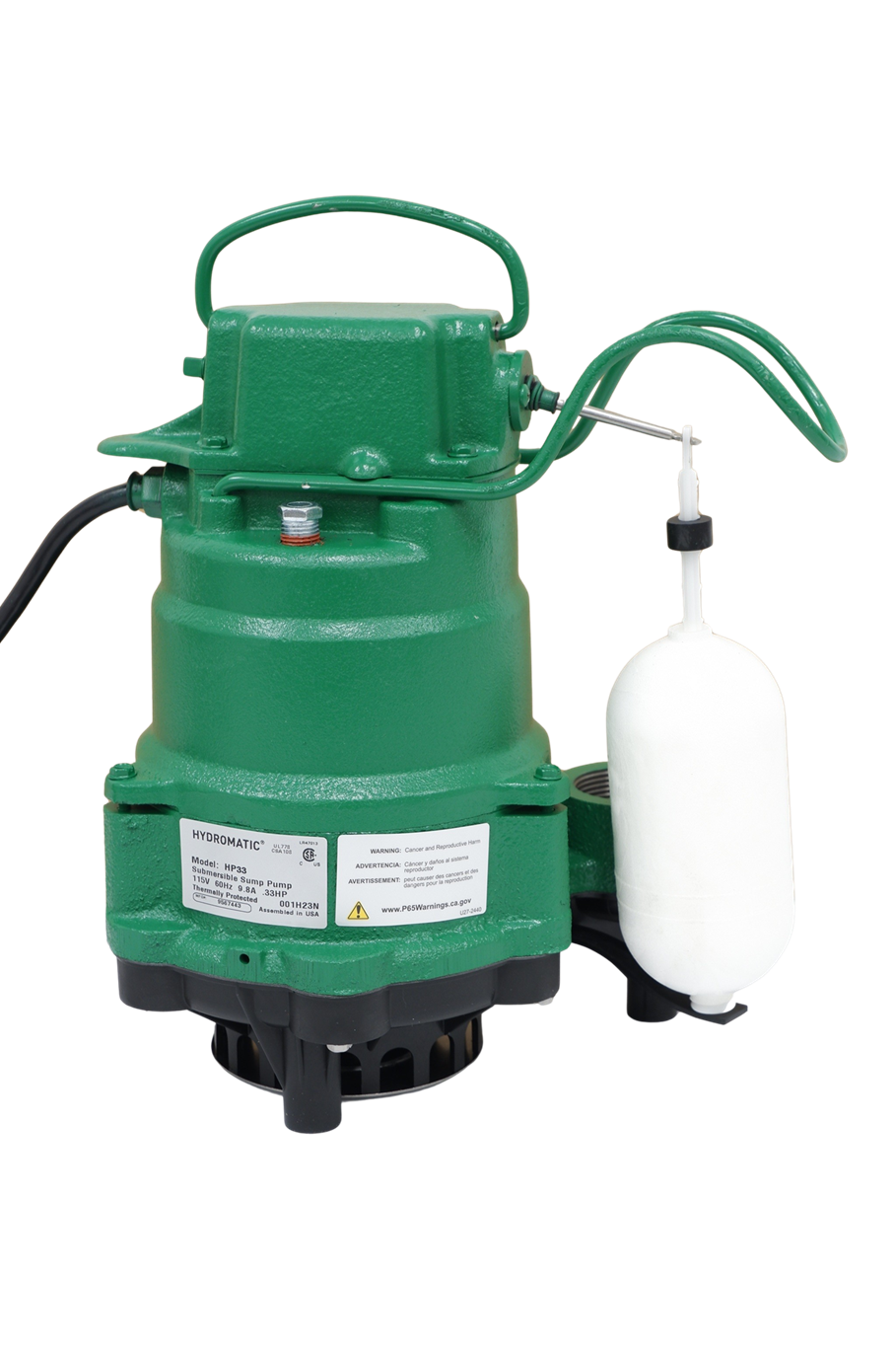 Hydromatic HP33 1/3 HP Cast Iron Sump Pump with Vortex Impeller for Small Diameter Pits | 48 GPM | 10" Minimum Sump Diameter | Thermal Protection