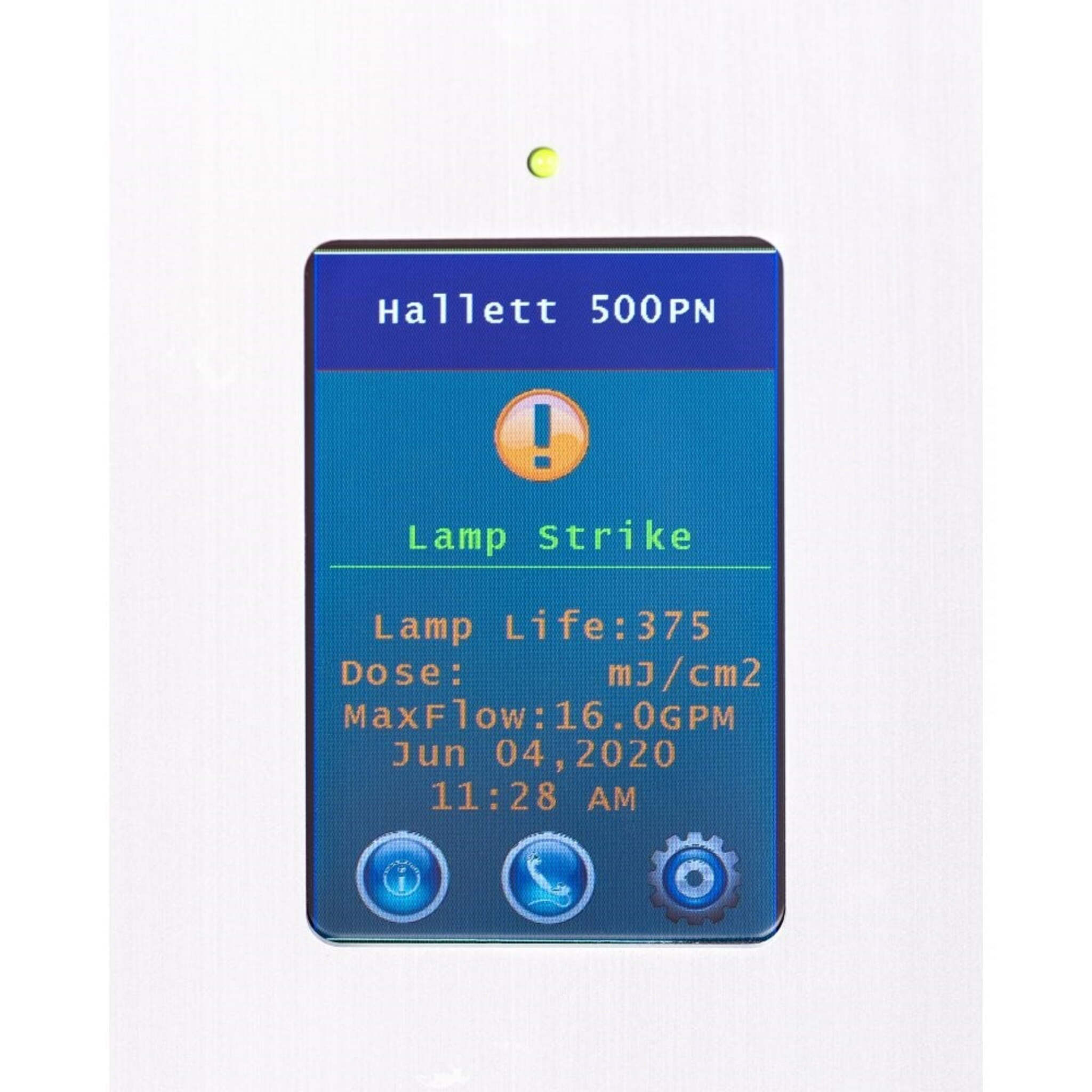 Hallett 500PN potable water UV system. NSF 55 Class A, Crossfire Technology, self-cleaning, dual UV sensors. 16.5 GPM. 120V/230V. 4-20mA