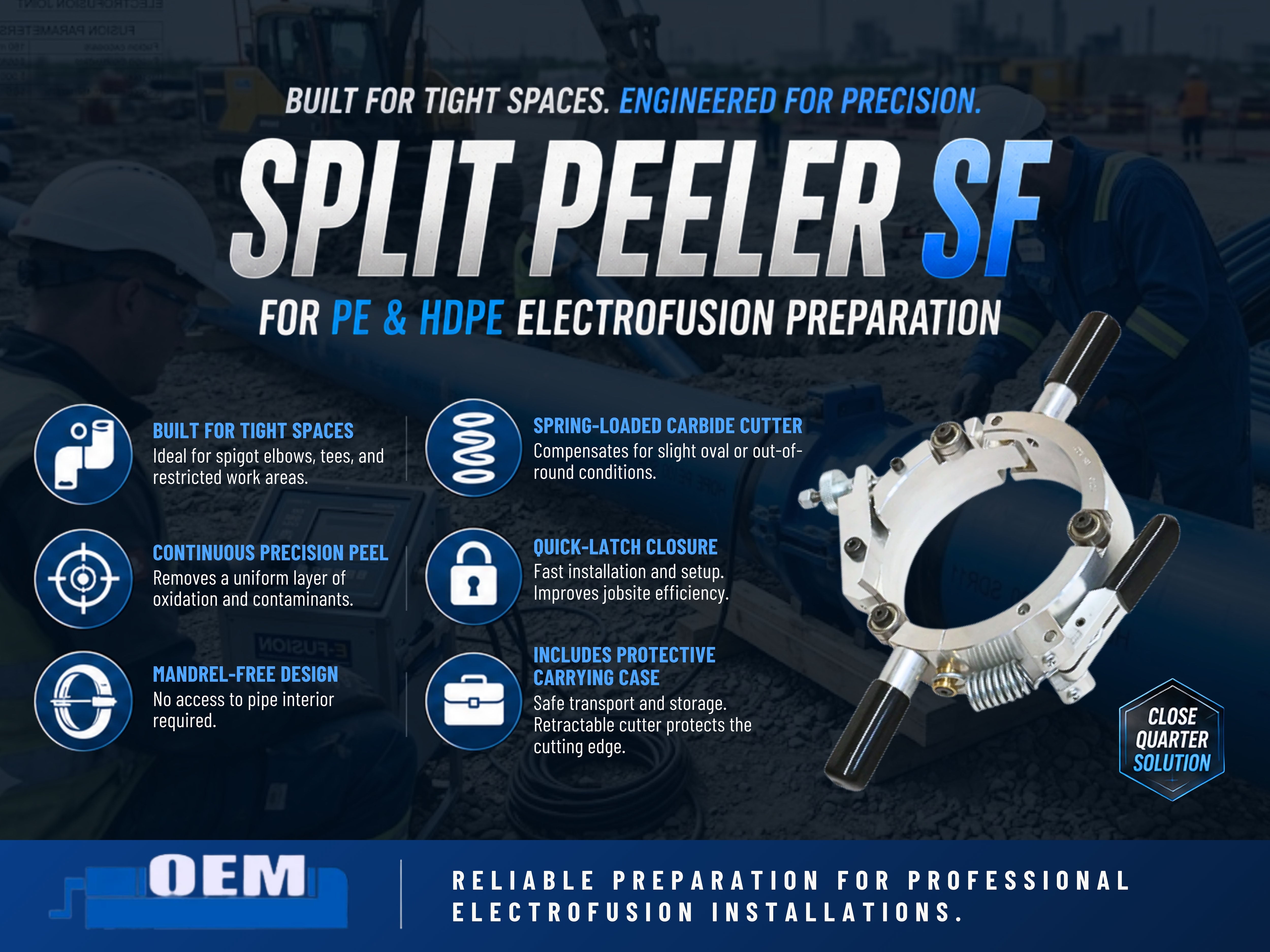 Split Peeler SF for Close Quarters PE and HDPE Electrofusion Preparation – Includes Case