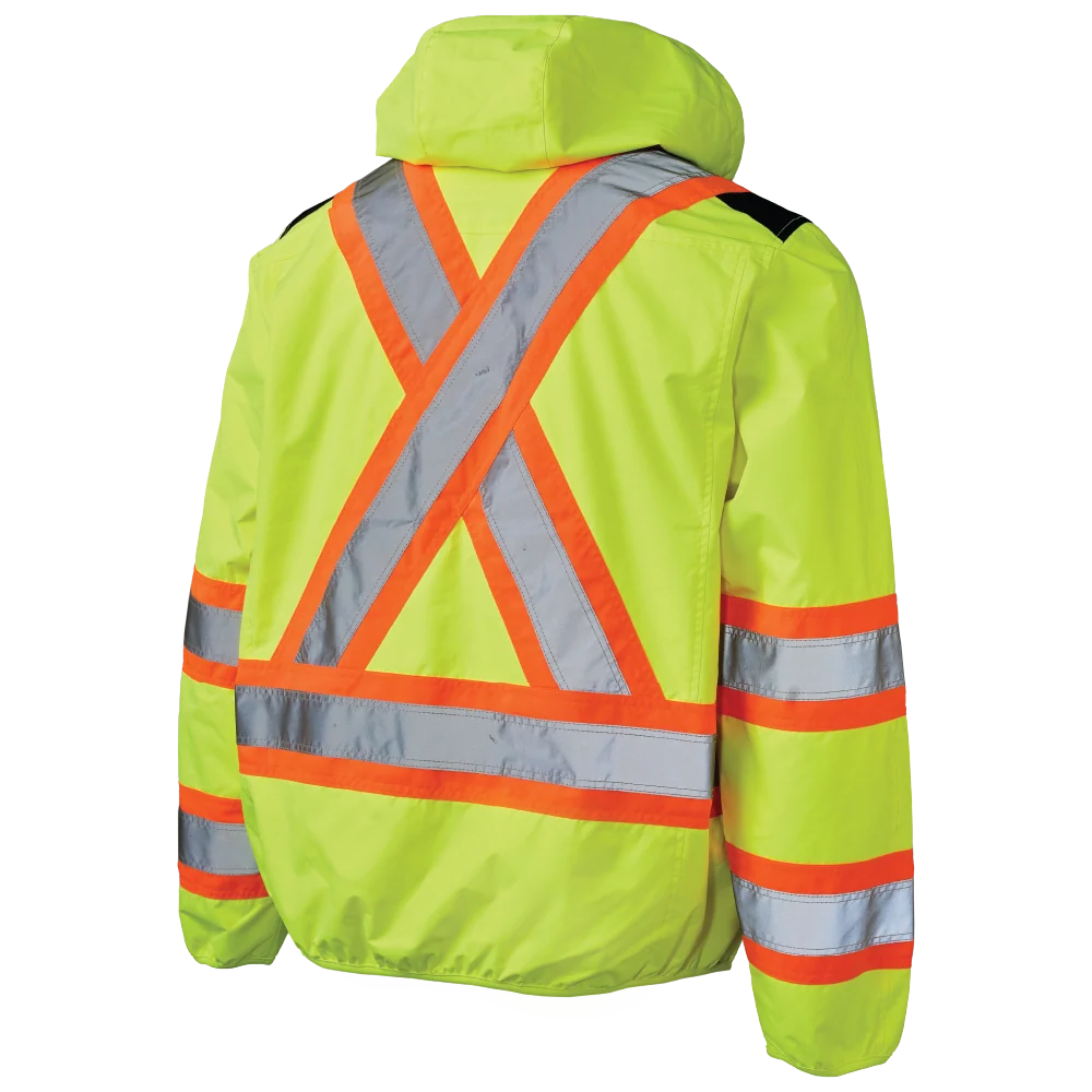 Tough Duck SJ50 light weight mesh-lined safety jacket back view in fluorescent green with hood