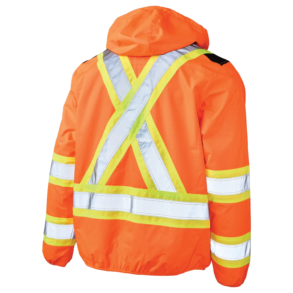 Tough Duck SJ50 light weight mesh-lined safety jacket back view in fluorescent orange with hood