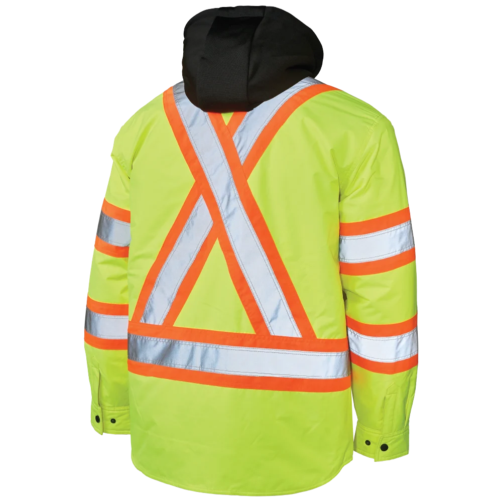 Tough Duck SJ51 hooded safety jac-shirt back view in fluorescent green