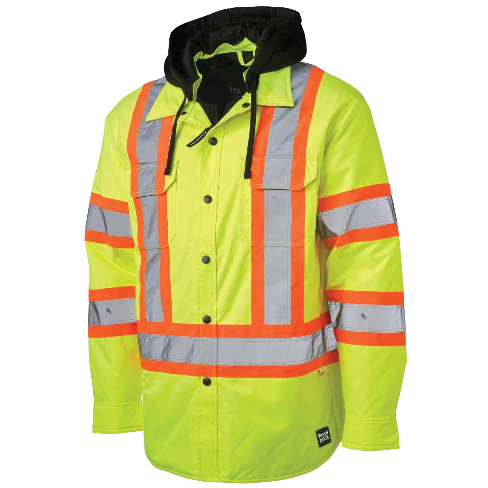 Tough Duck SJ51 hooded safety jac-shirt front view in fluorescent green