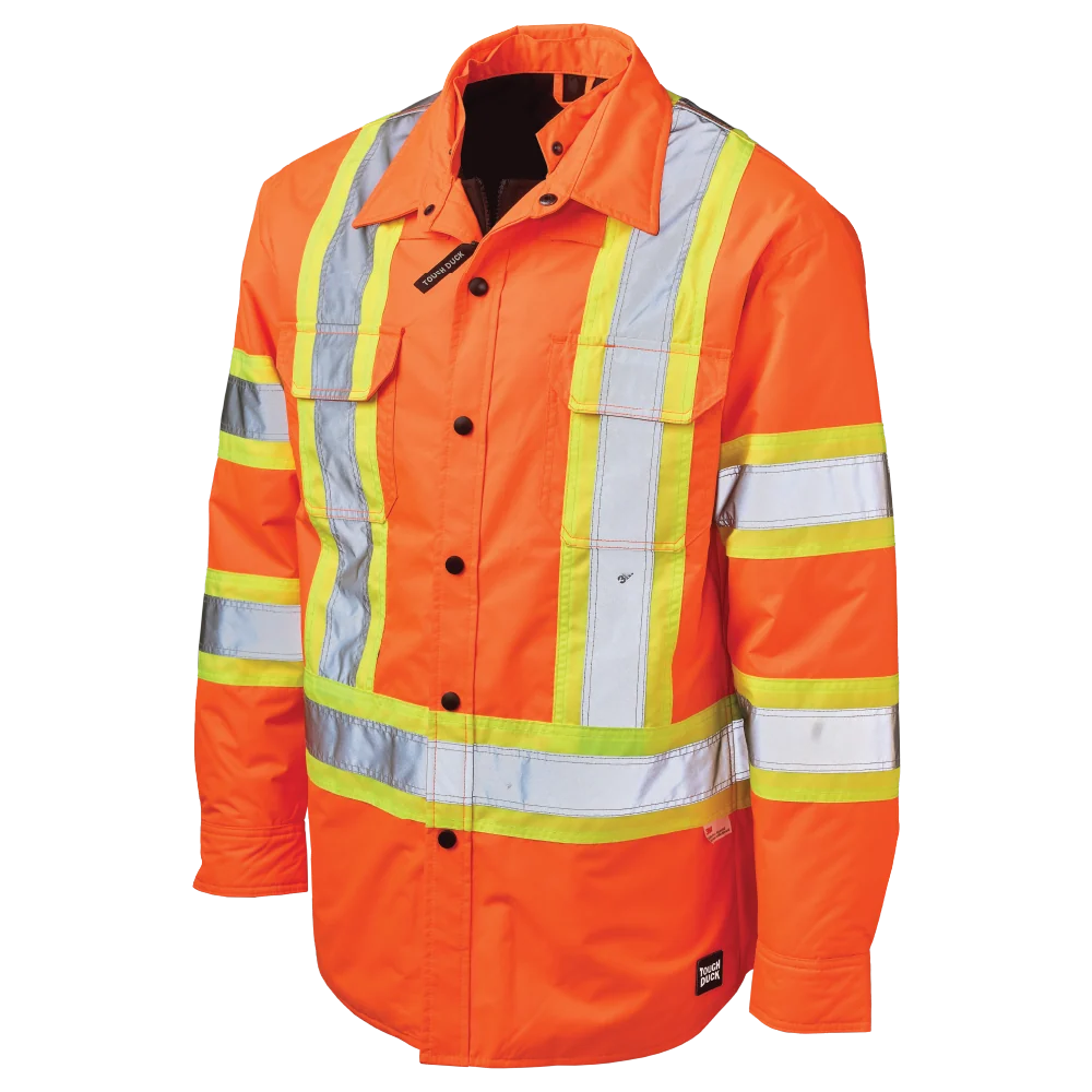 Tough Duck SJ51 safety jac-shirt front view in fluorescent orange without hood