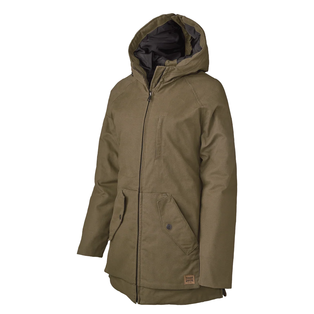 Tough Duck WJ48 women’s lined duck parka front view in oak