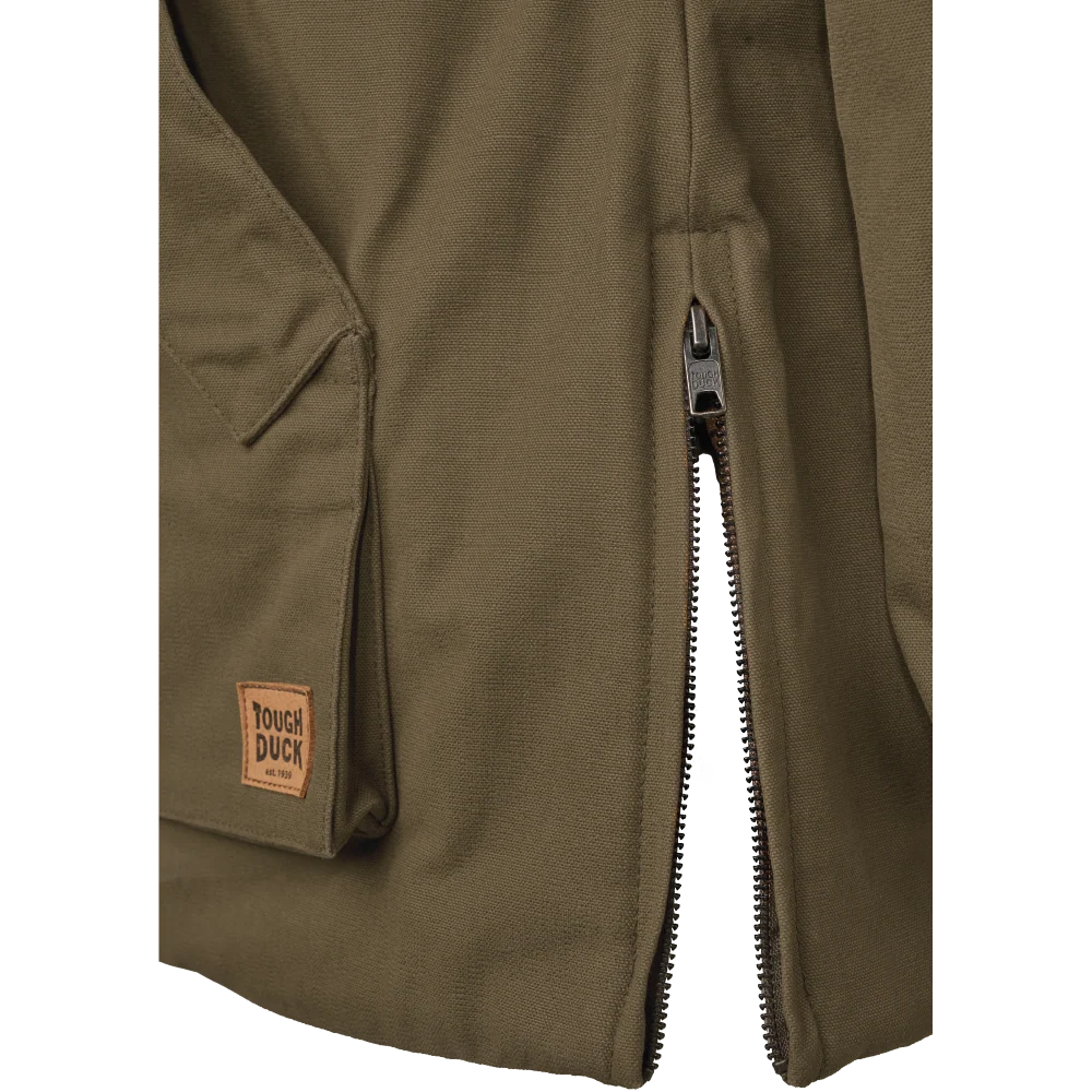Tough Duck WJ48 women’s lined duck parka side vent detail in oak