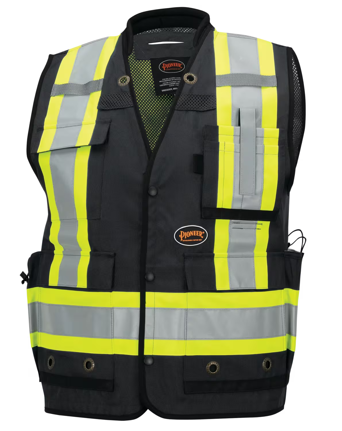 Pioneer Men's Hi-Vis Antimicrobial Surveyor Vest – 600D Oxford Polyester, PU Coated, ANSI/CSA Certified, Mesh Back, 15 Pockets | Size S-3XL - Items