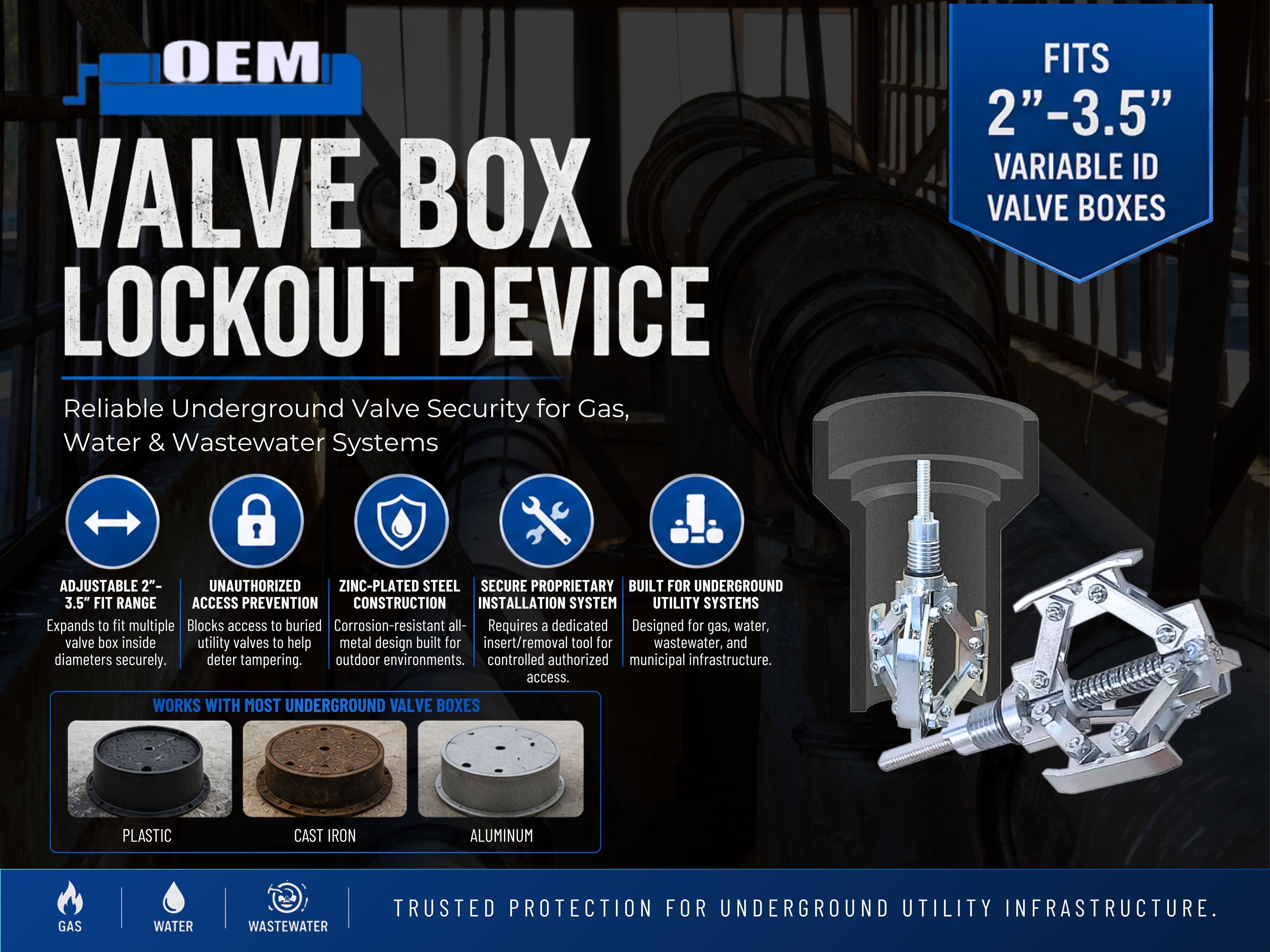 Valve Box Lockout Device 2″ to 3.5″ Variable ID – Zinc-Plated Security Lock