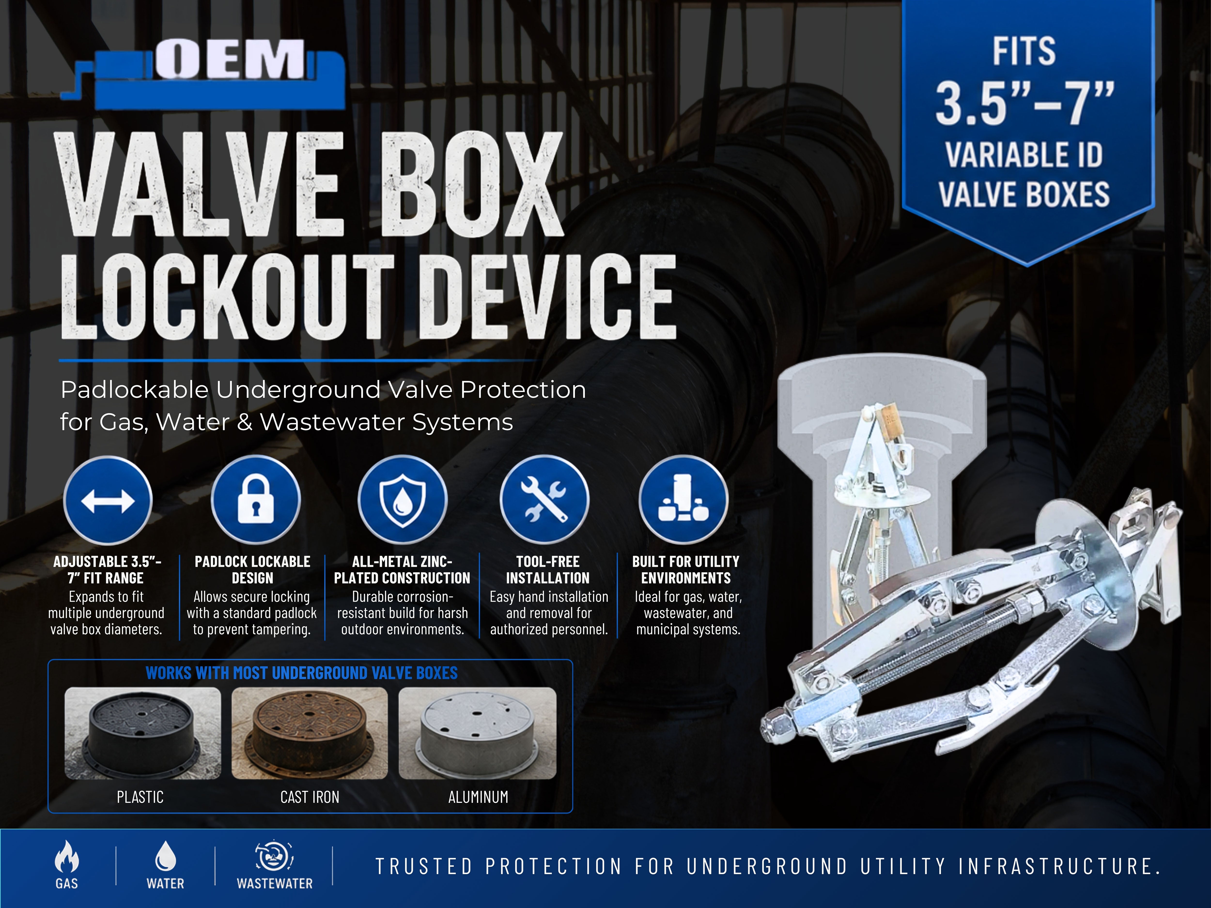Valve Box Lockout Device 3.5″ to 7″ Variable ID – Padlock Lockable Underground Valve Protector
