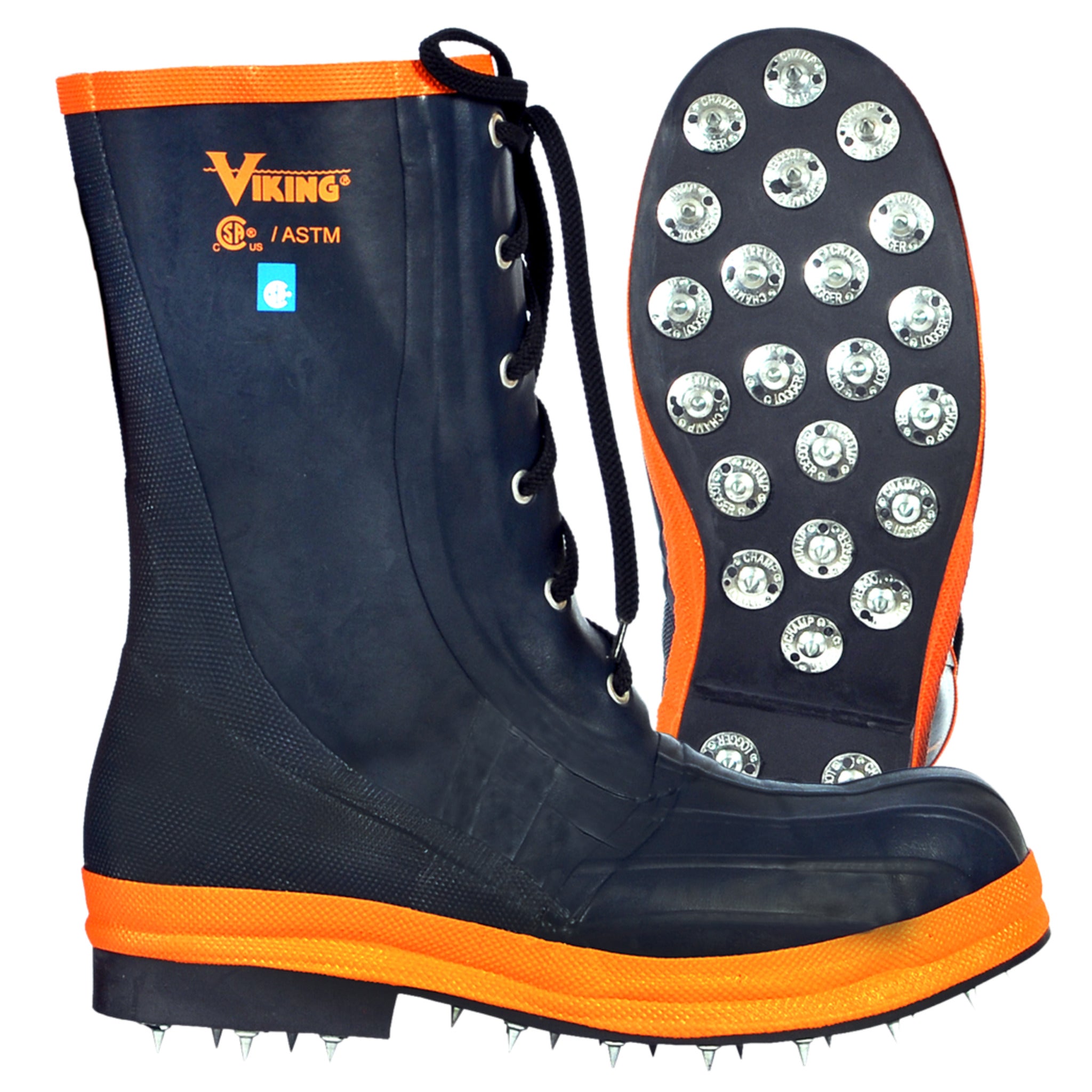 Viking Spiked Forester boots handle that with a full caulked sole that bites into terrain where standard lug soles slide