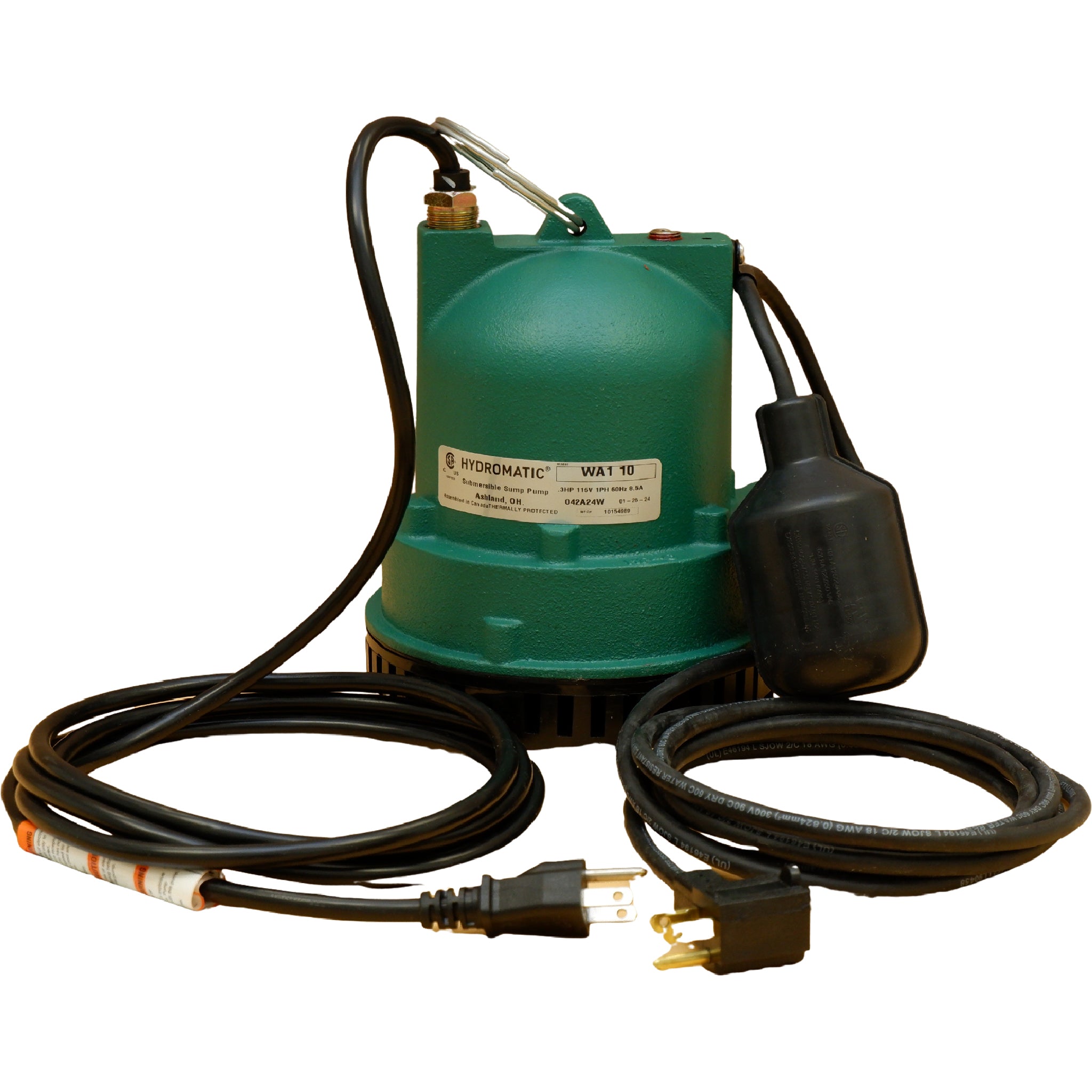 Hydromatic WA1 10 Submersible Sump Pump, 3/10 HP, 38 GPM, 120V, Cast Iron, Wide Angle Float Switch, Oil-Filled Motor, 1-1/2" NPT Discharge, CSA Listed