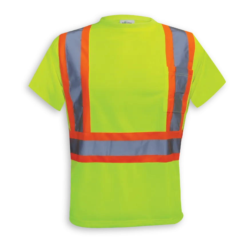 Big K women’s lime short sleeve hi-vis safety t-shirt with front reflective tape and chest pocket.