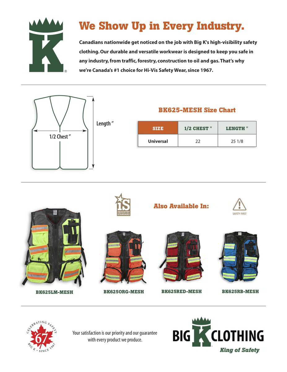 YellowBigK1000DNylonMeshFirstAidSafetyVestSizeChart