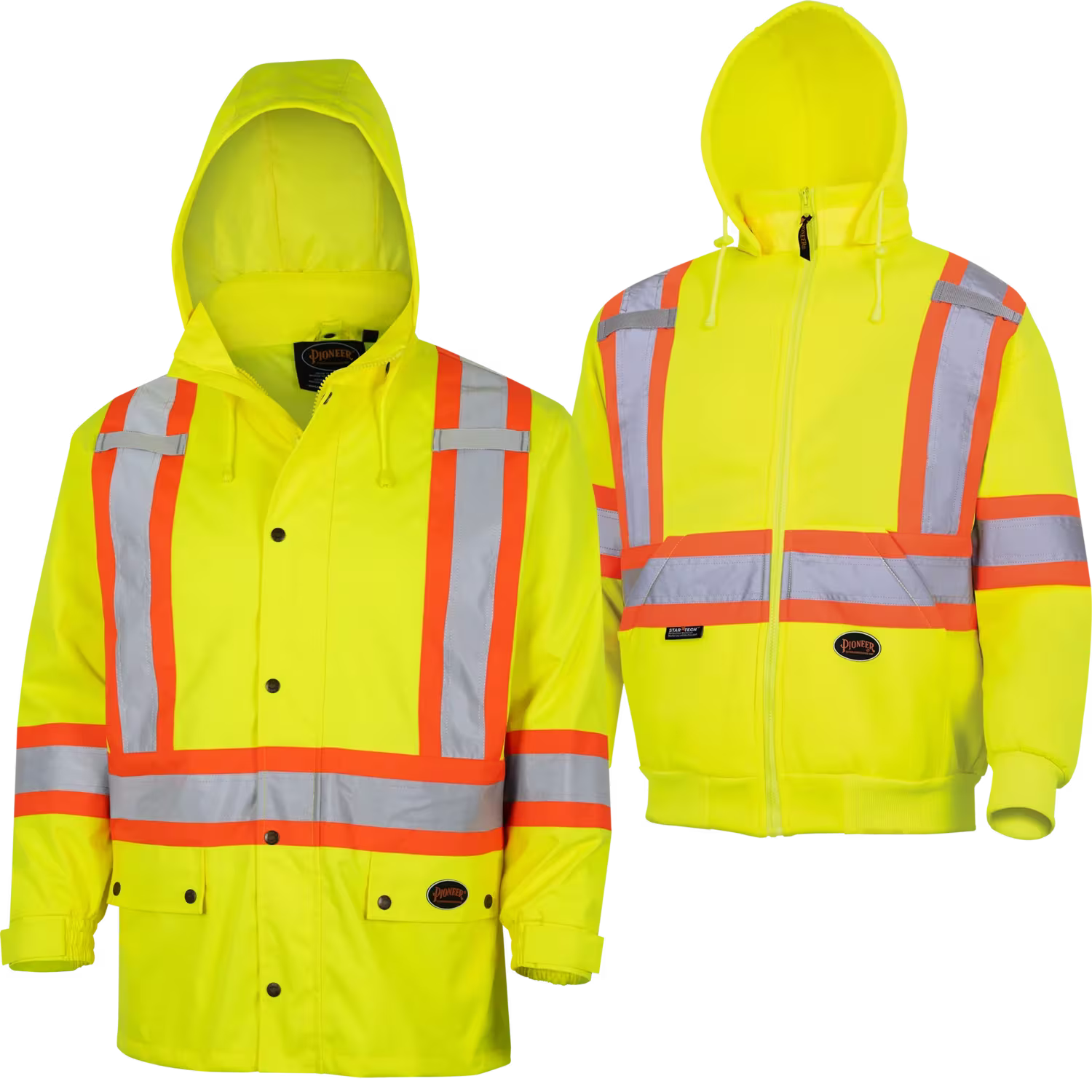 Pioneer Hi-Vis Rain Jacket + Fleece Hoodie 3-in-1 Workwear Combo – ANSI/CSA Compliant All-Weather Safety Kit for Harsh Job Sites | Sizes S-4XL