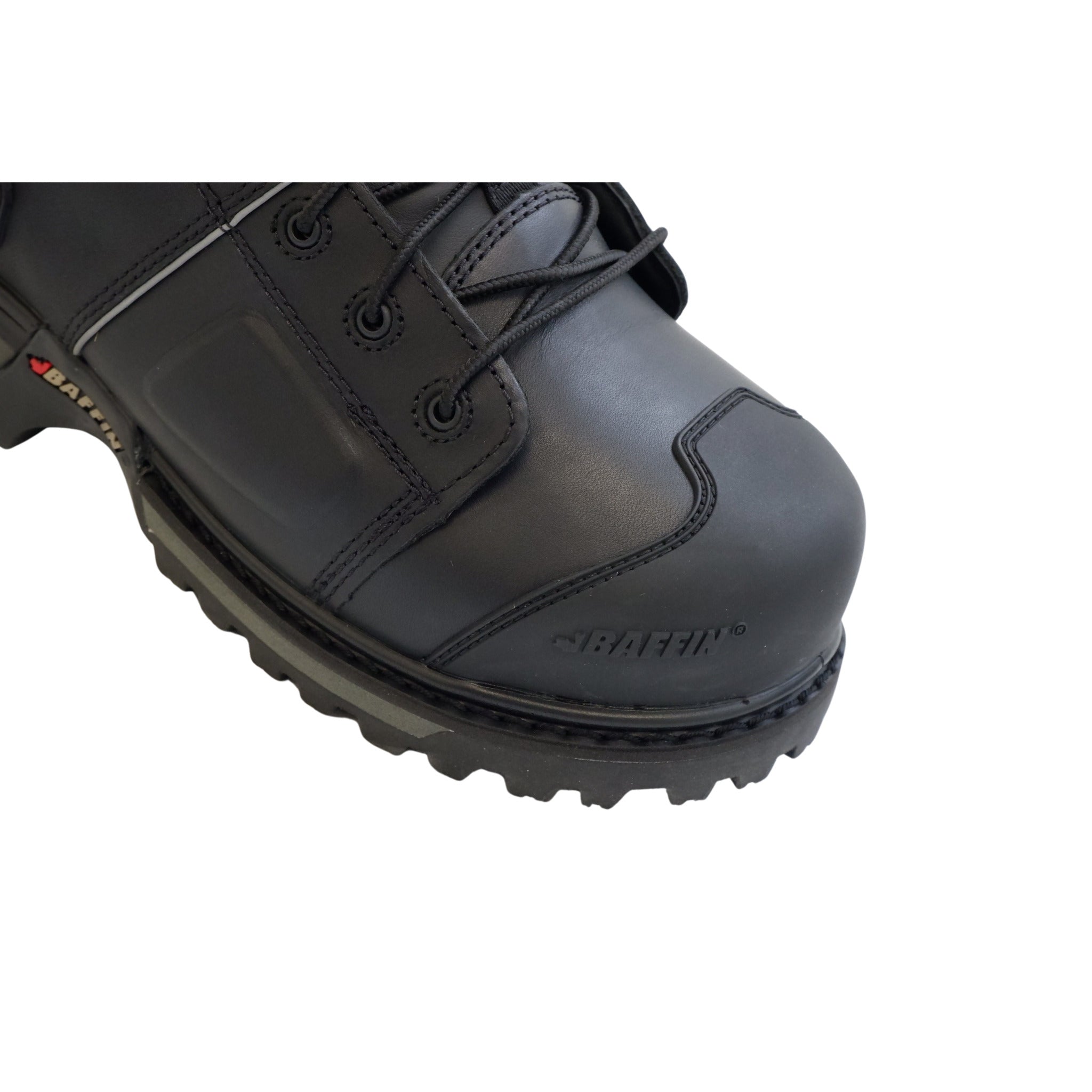 Internal metguard and lace system detail on safety boot.