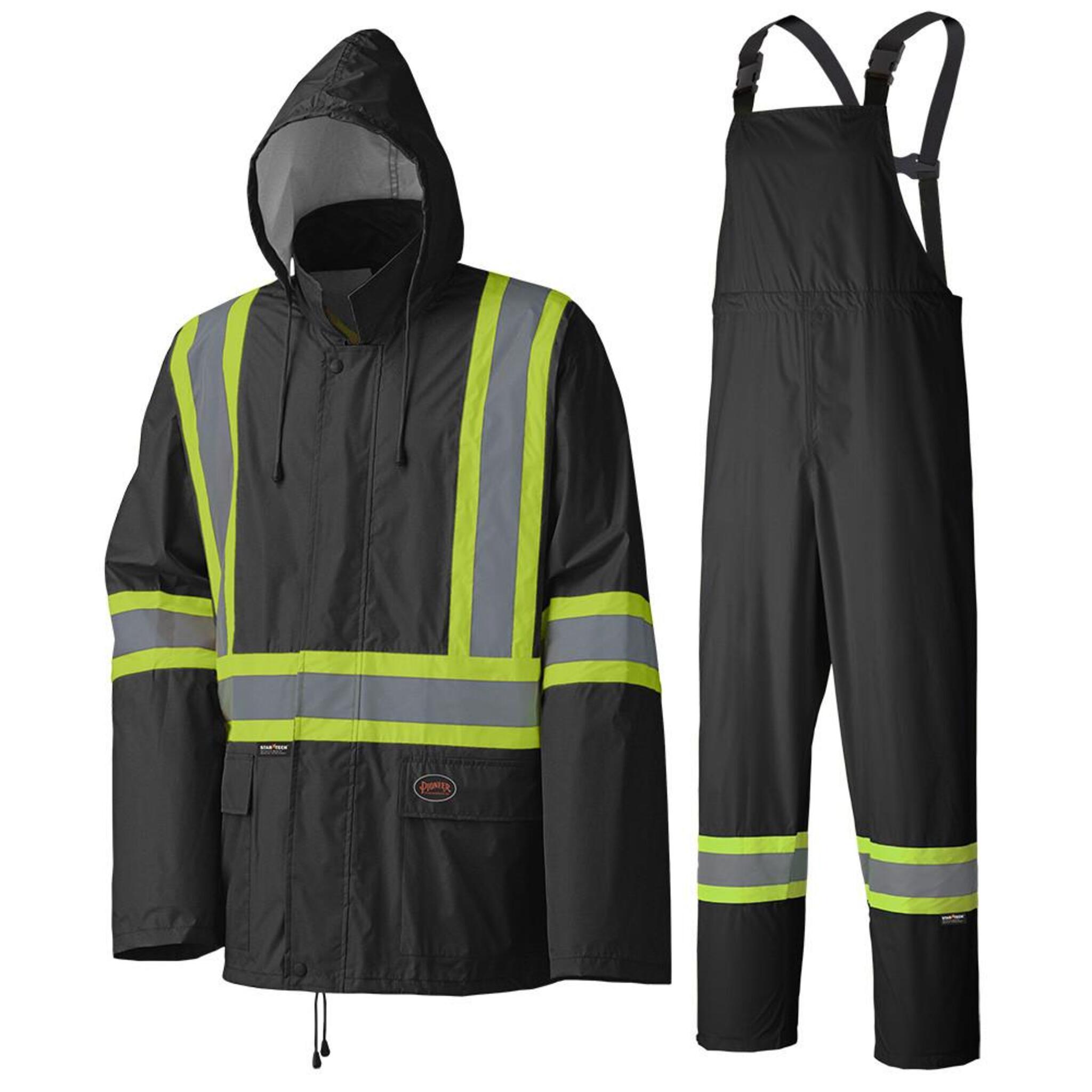 Black hi-vis rain suit with reflective yellow stripes