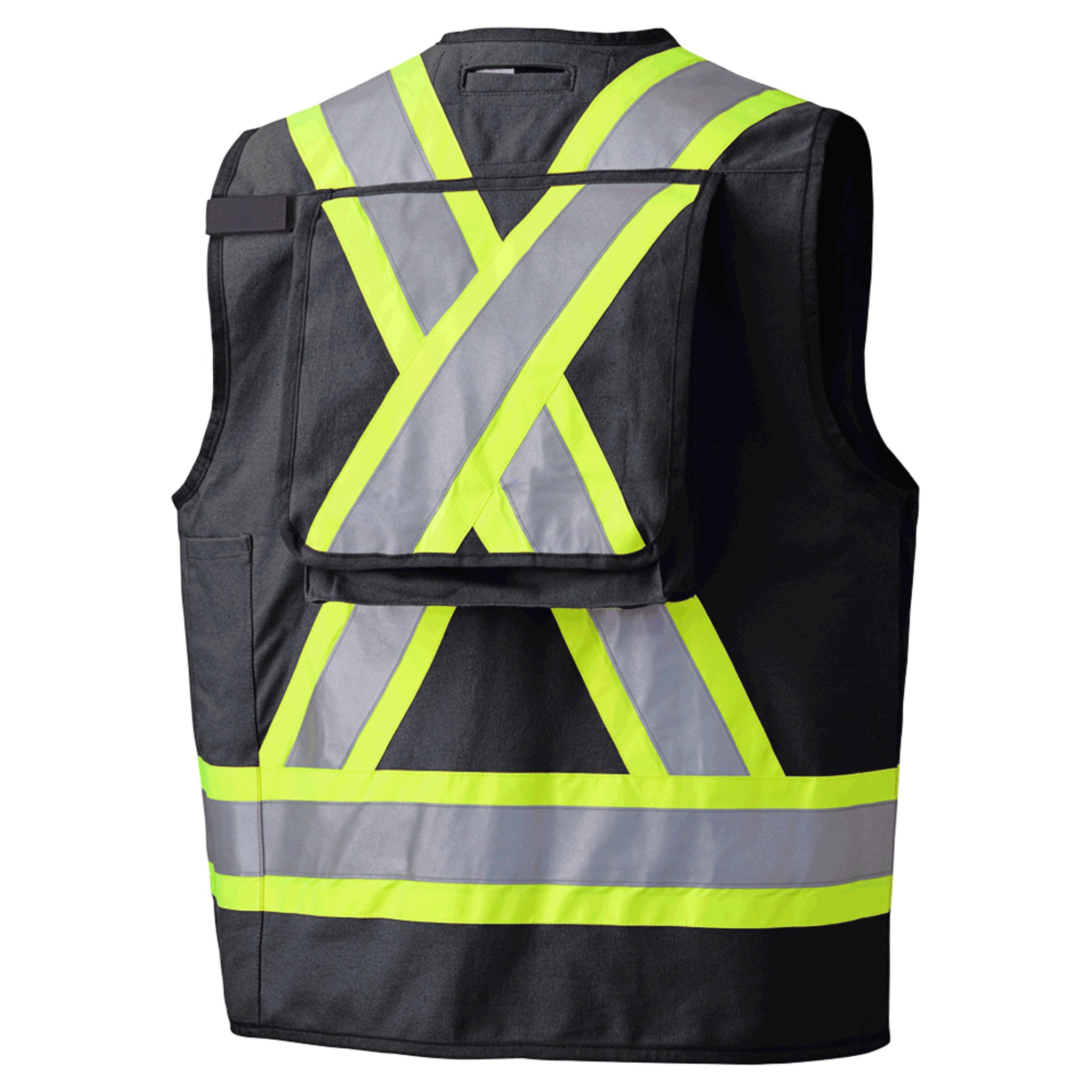 Back view of black hi-vis safety vest with reflective tape