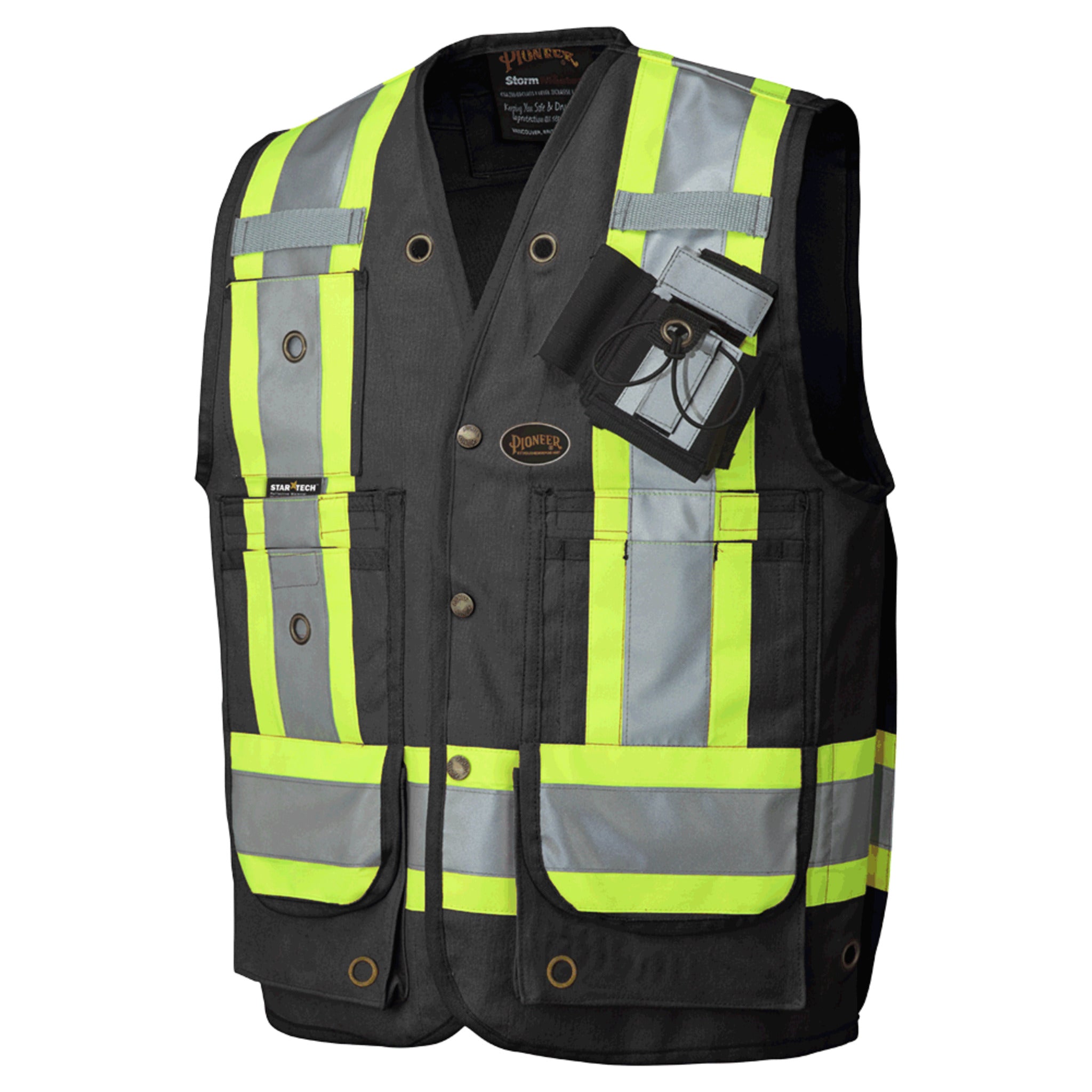 Black hi-vis surveyor safety vest with reflective tape
