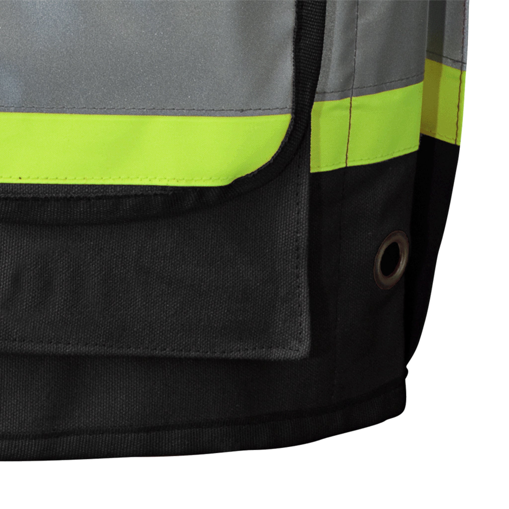 Close-up of black hi-vis vest pocket and trim detail