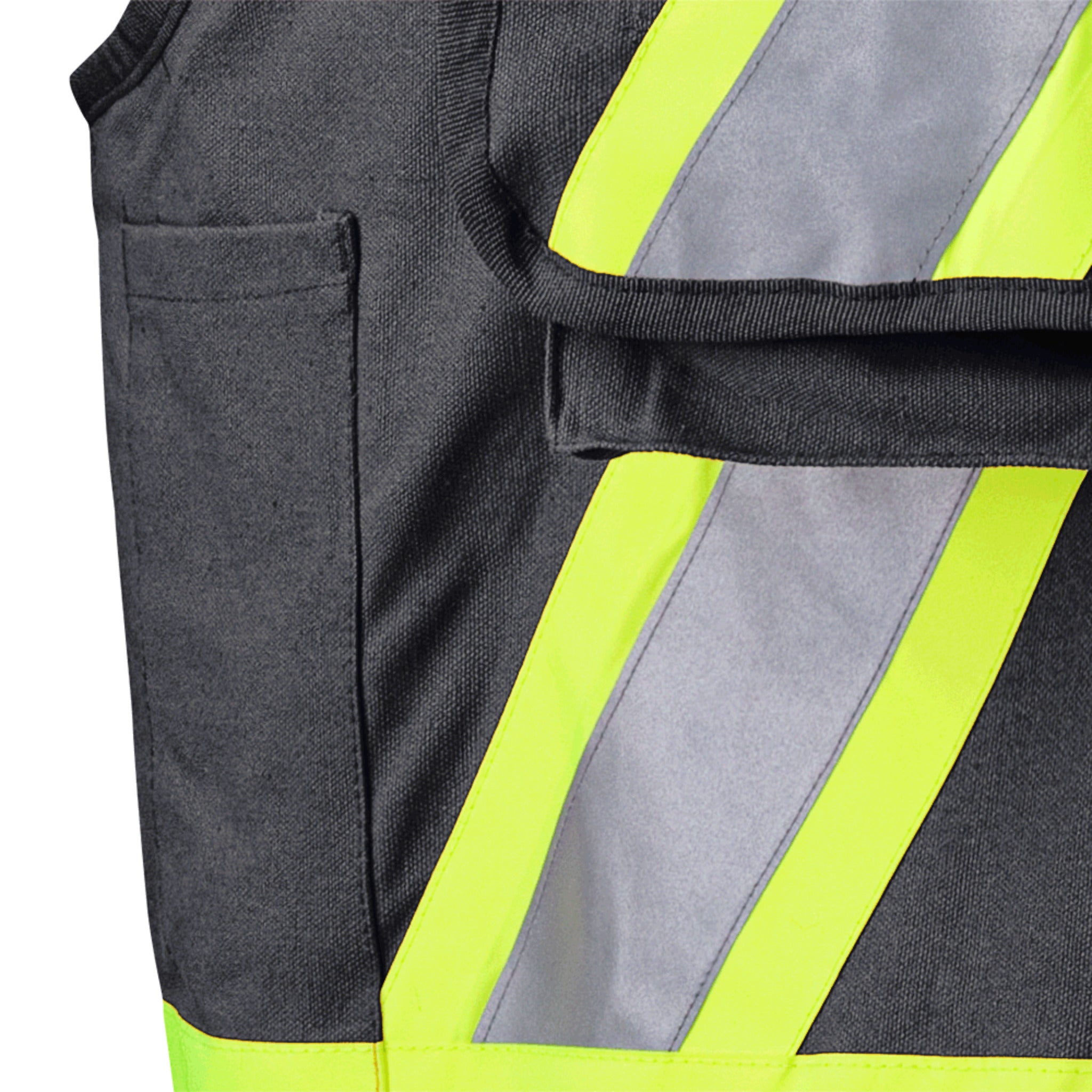 Tool pocket and reflective trim on black hi-vis vest