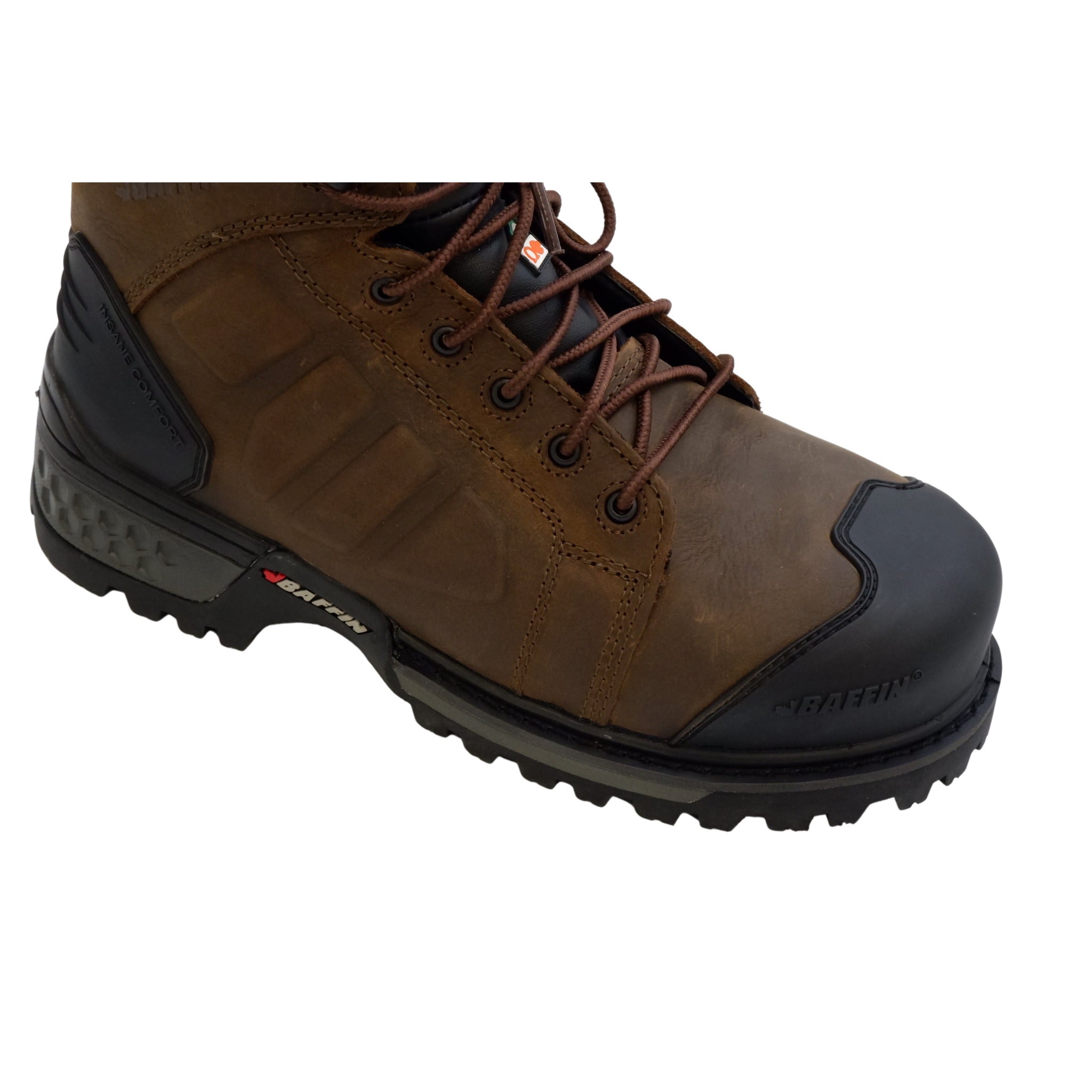 Brown Baffin Monster 6 reinforced composite toe cap detail
