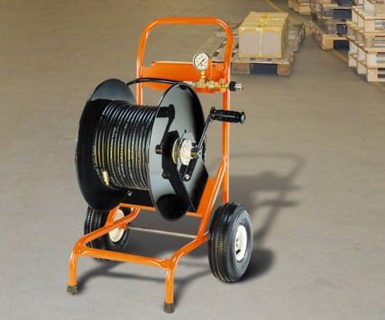 General Pipe Cleaners Cart Wheel with Flat-Free Tires, 300 ft Hose Reel, Reel Brake, Pressure Gauge, and Shut-Off Valve for Safe Sewer Jetting