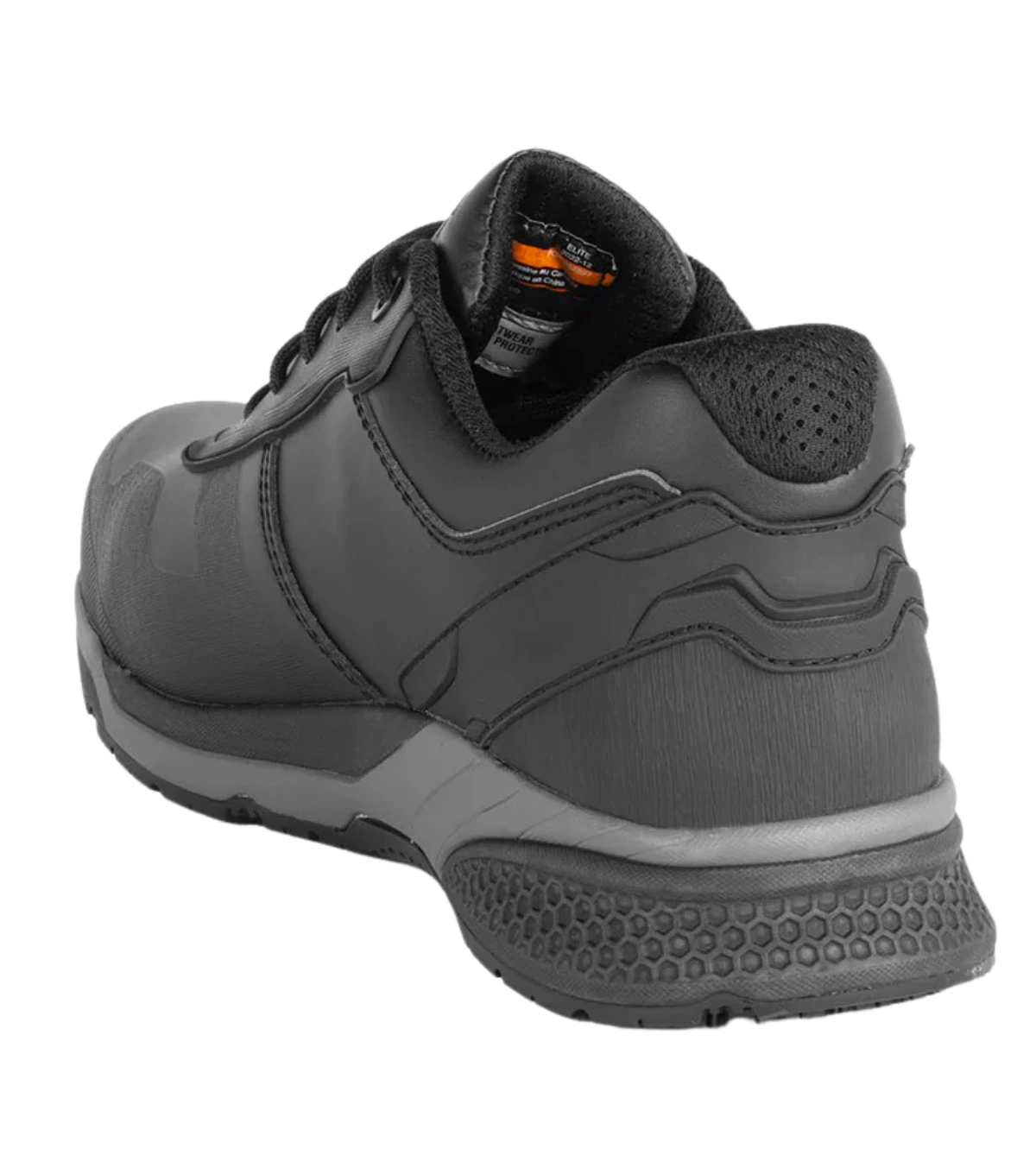 Rear angle view of Elite black vegan microfiber athletic work shoe