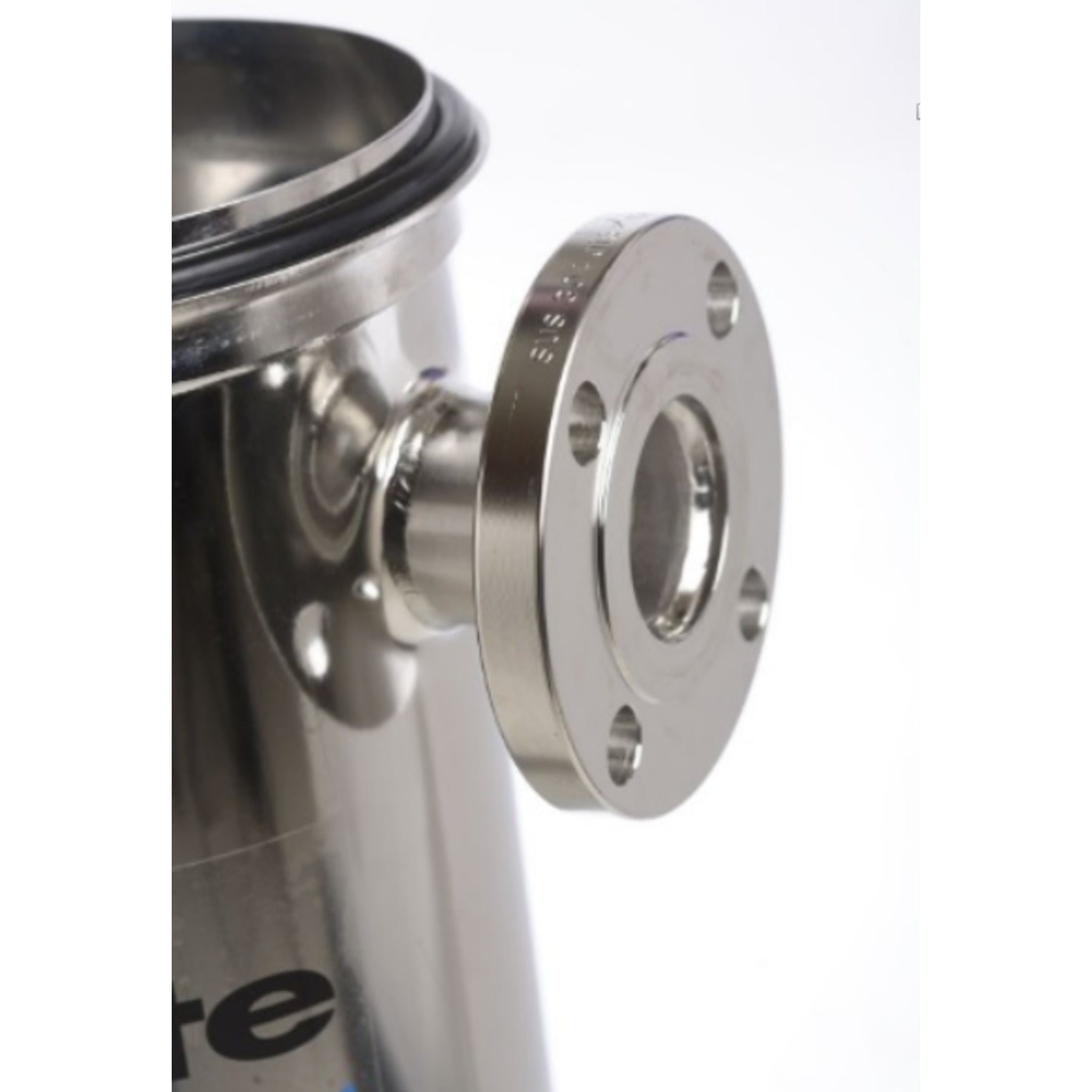 Close-up of Excelflow JF Series filter housing flange connection showing precision stainless steel port and seal.