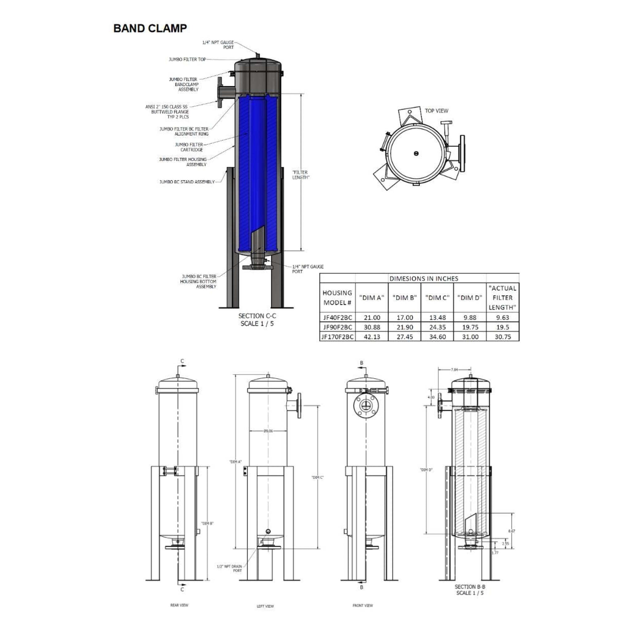 Technical drawing and dimensions of Excelflow JF Series stainless steel jumbo filter housing for industrial water systems.
