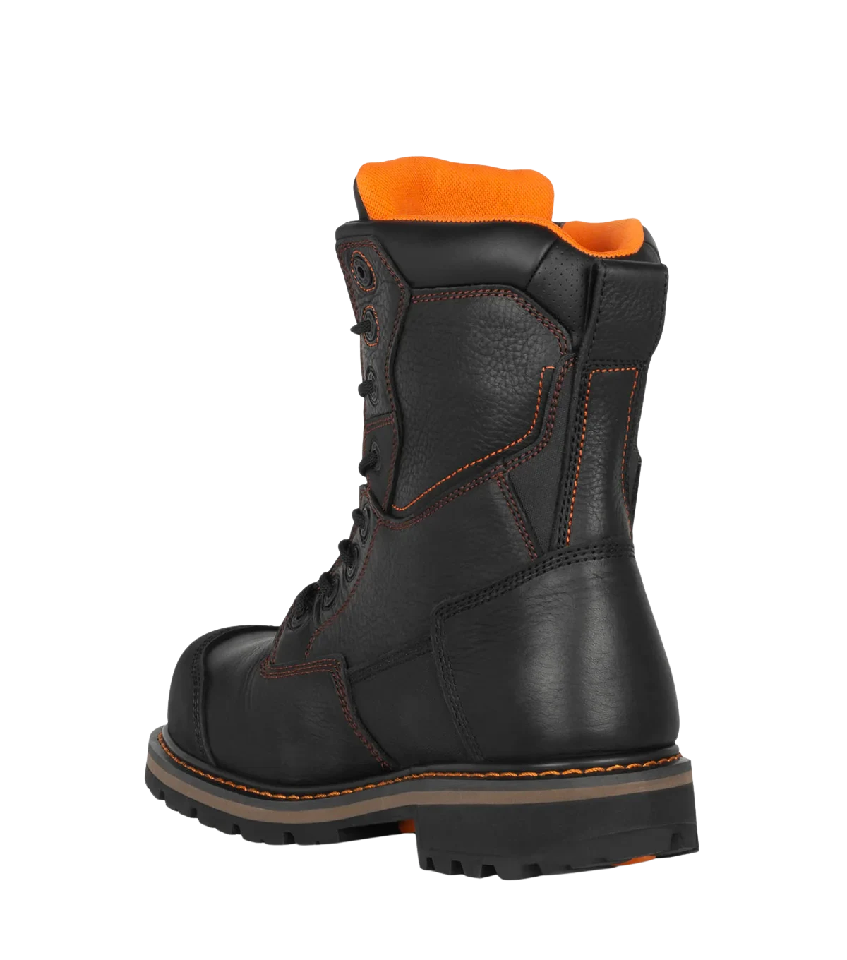 Rear angle view of Gladiator black leather work boot with orange lining
