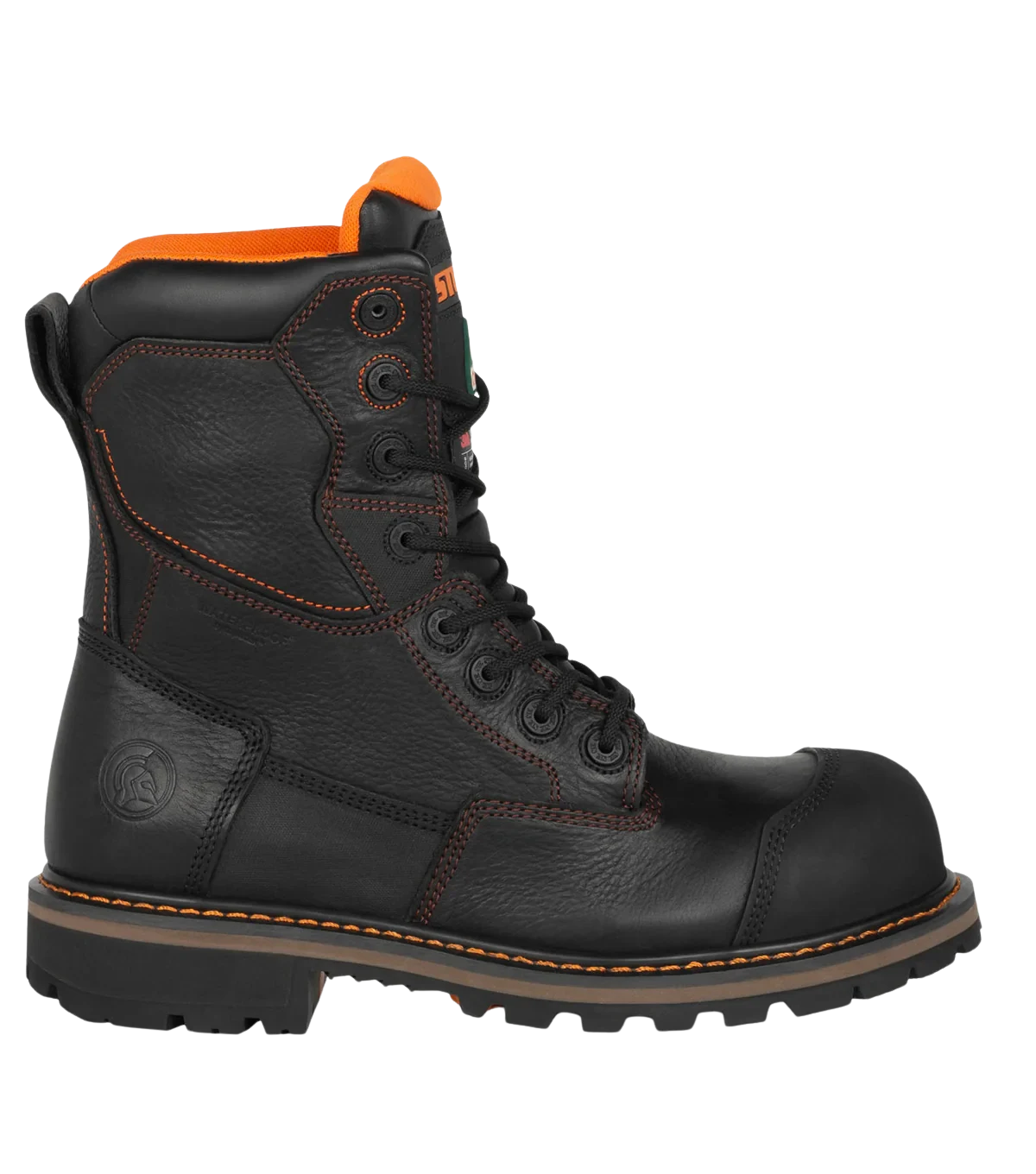 Left side view of Gladiator black waterproof leather work boot
