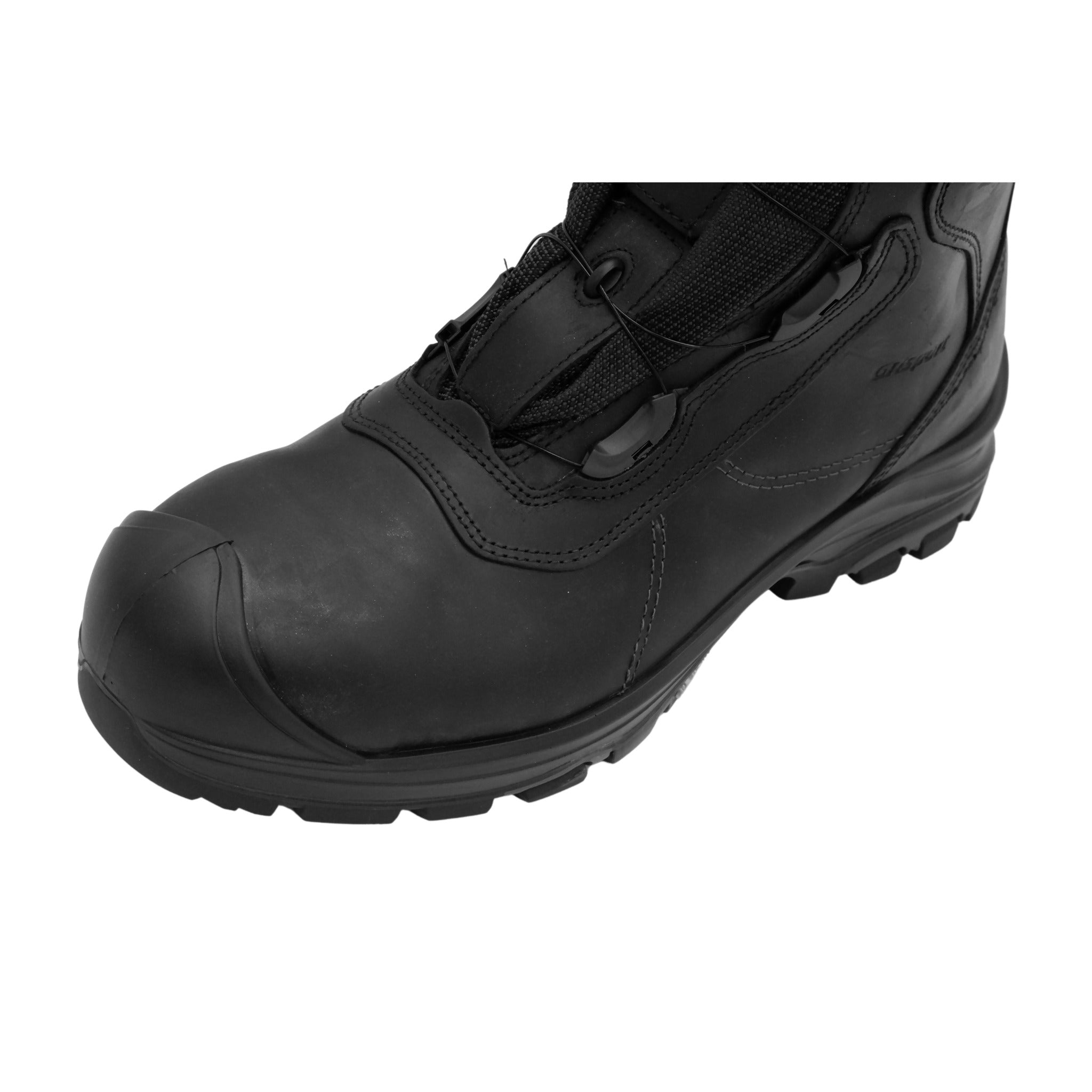 Side profile of black industrial work boot
