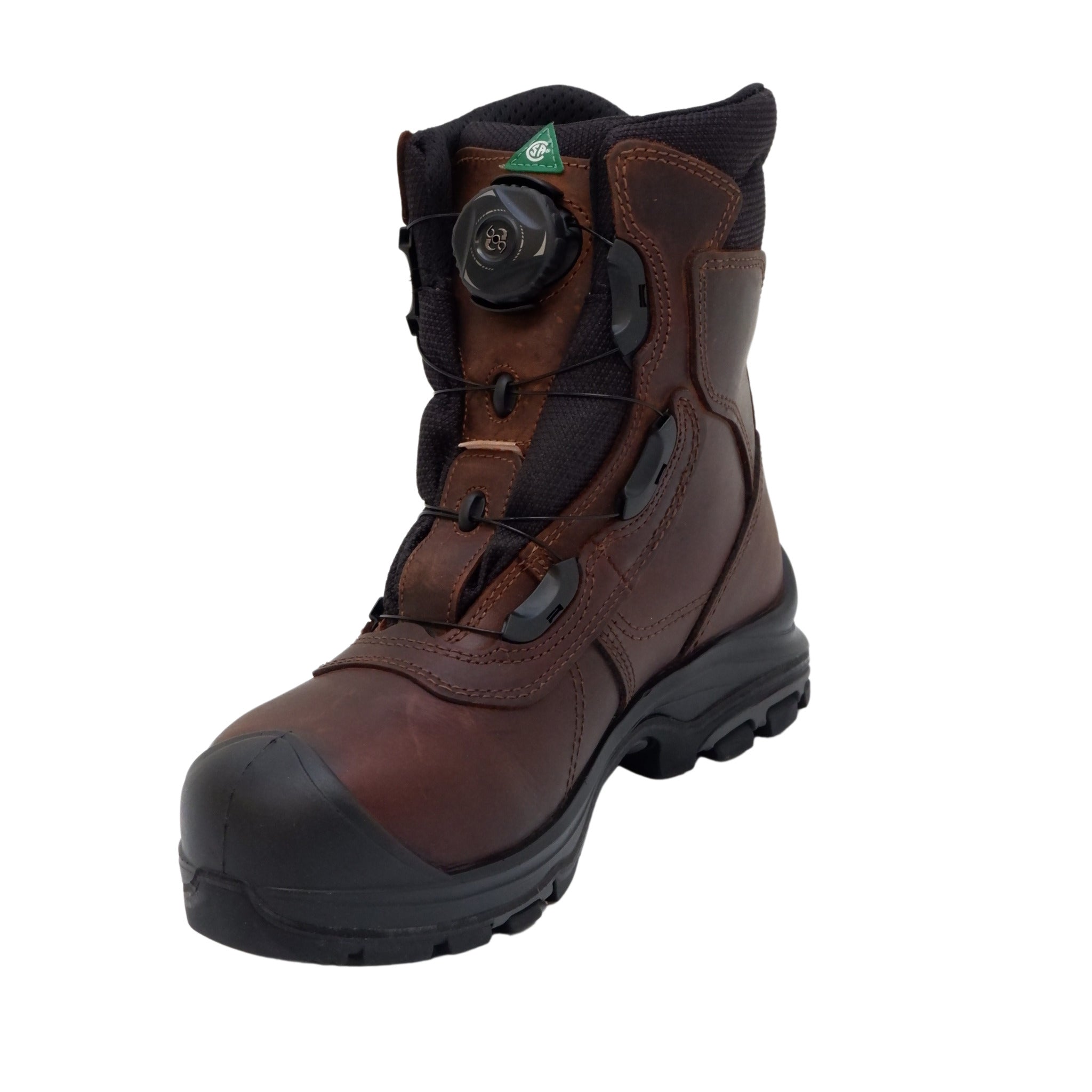 Front view highlighting steel toe on brown work boot