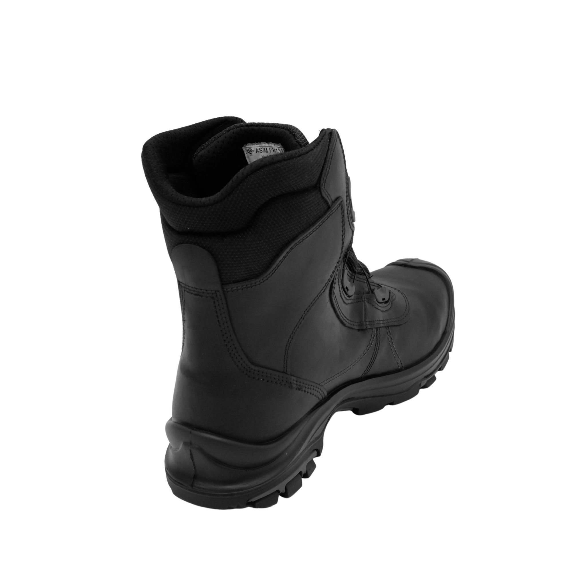 Bottom view of black boot Vibram outsole