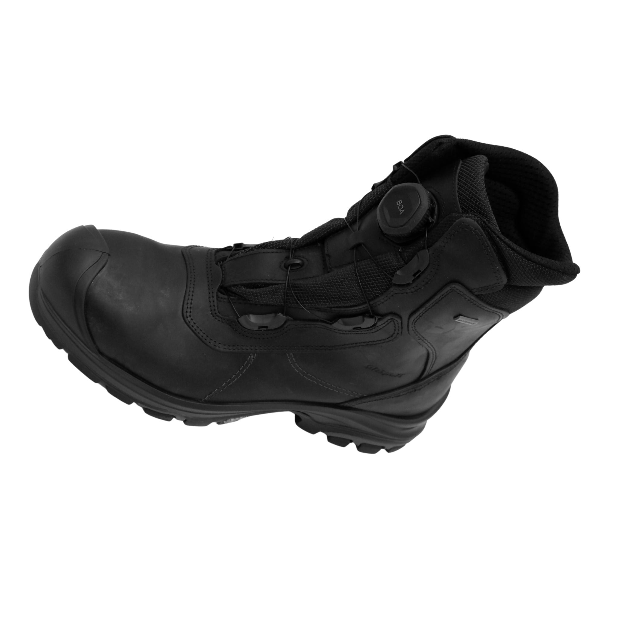 Angled view of black construction safety boot