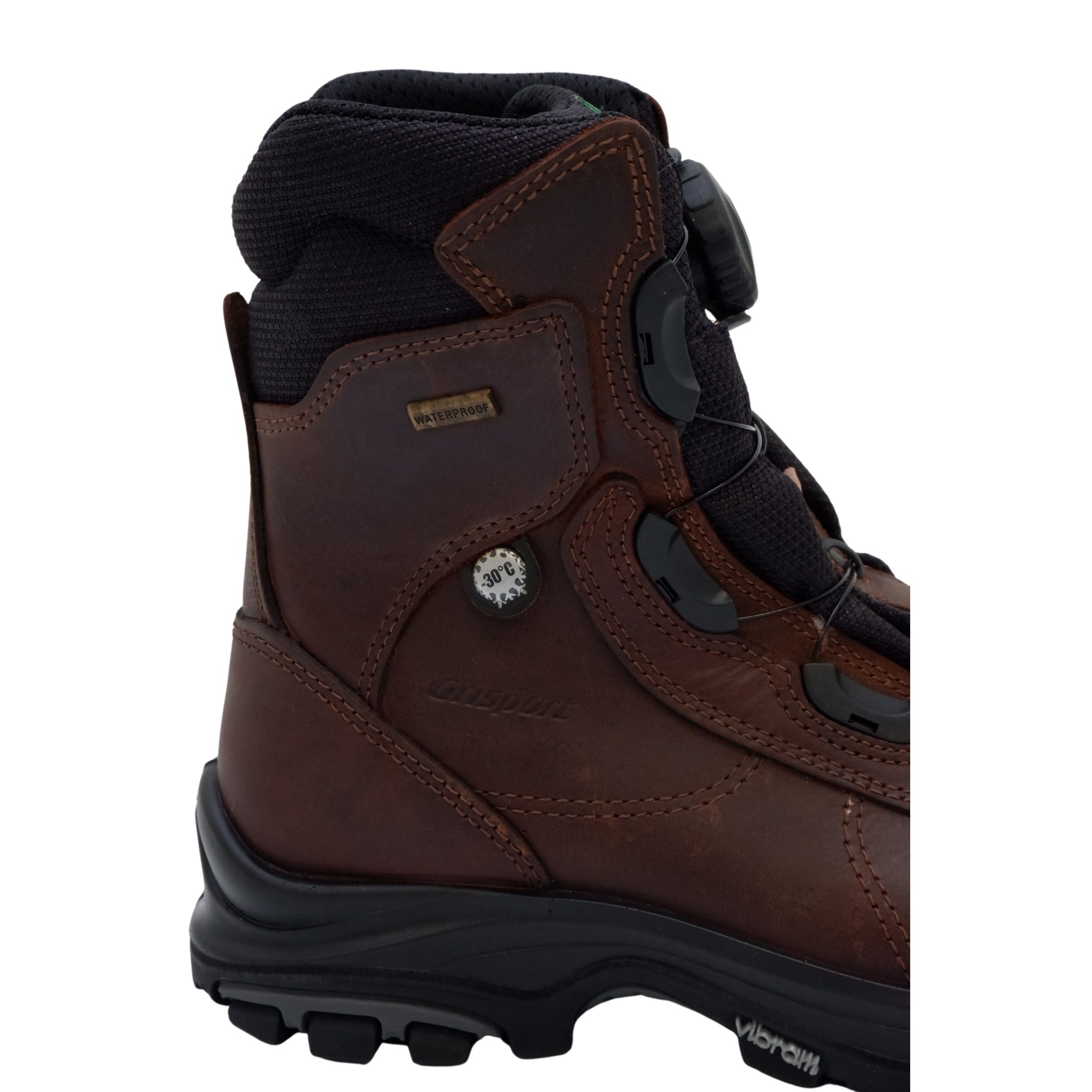 Rear angled view of brown boot with ankle support