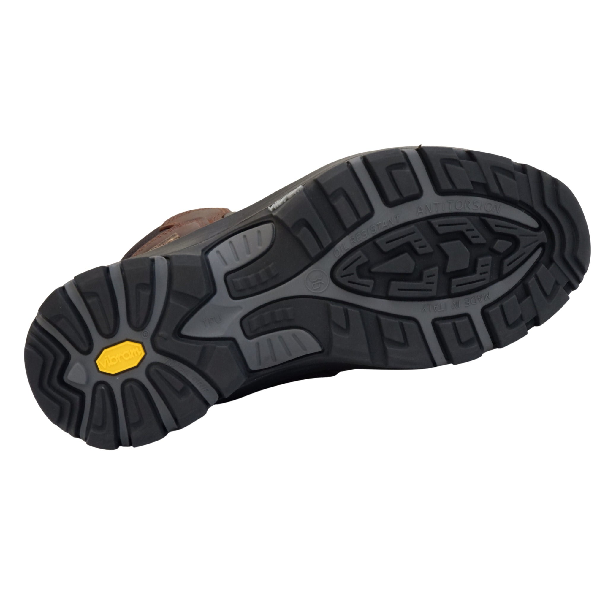 Bottom view of Vibram outsole with traction pattern