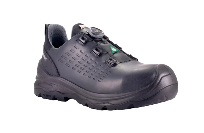 Angled view of black BOA safety shoe