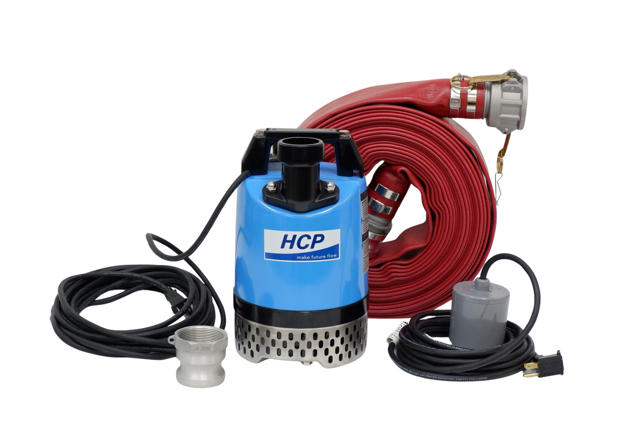 Angled view of HCP GD-400 submersible dewatering pump with hose bundle