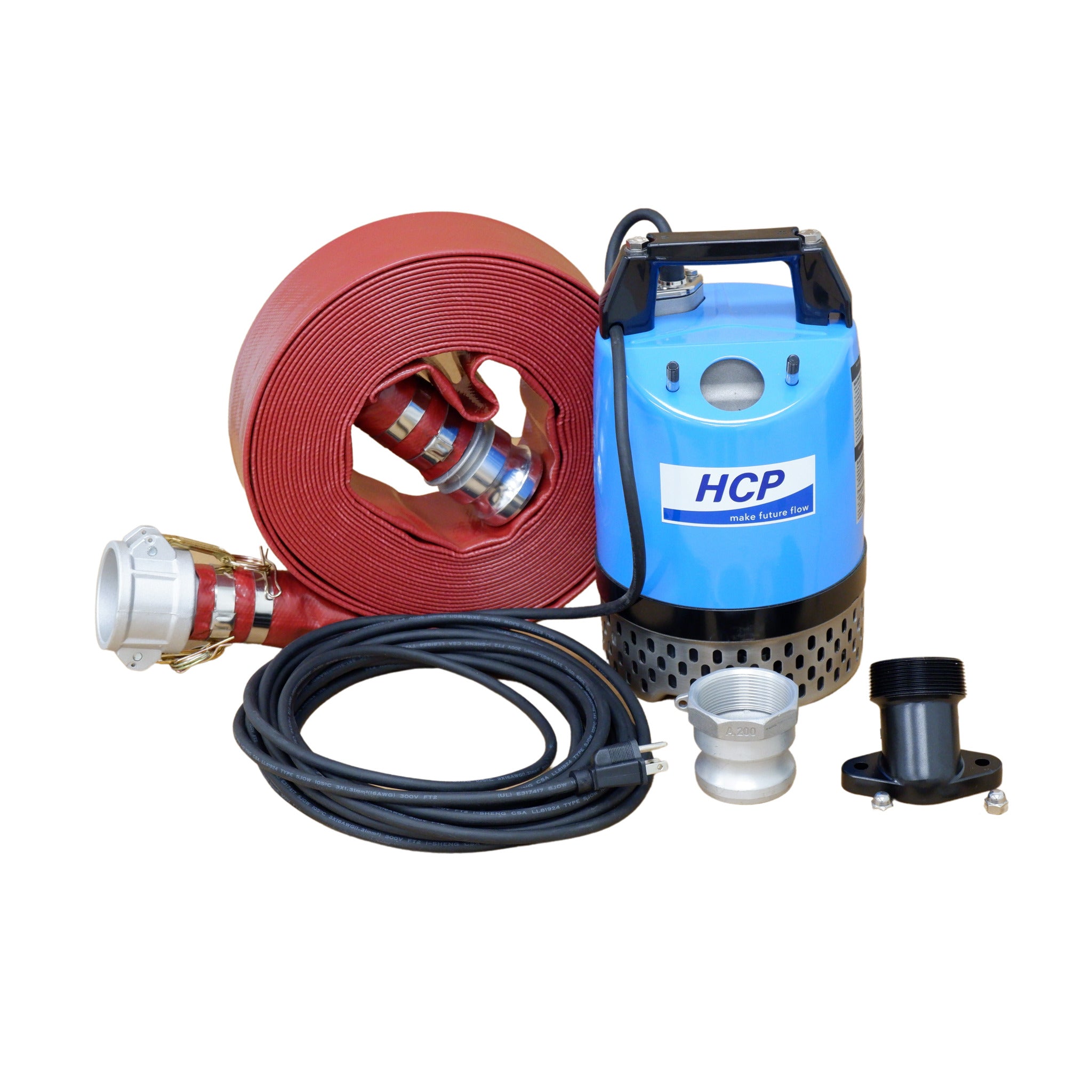 HCP GD-400 submersible dewatering pump with discharge hose and accessories