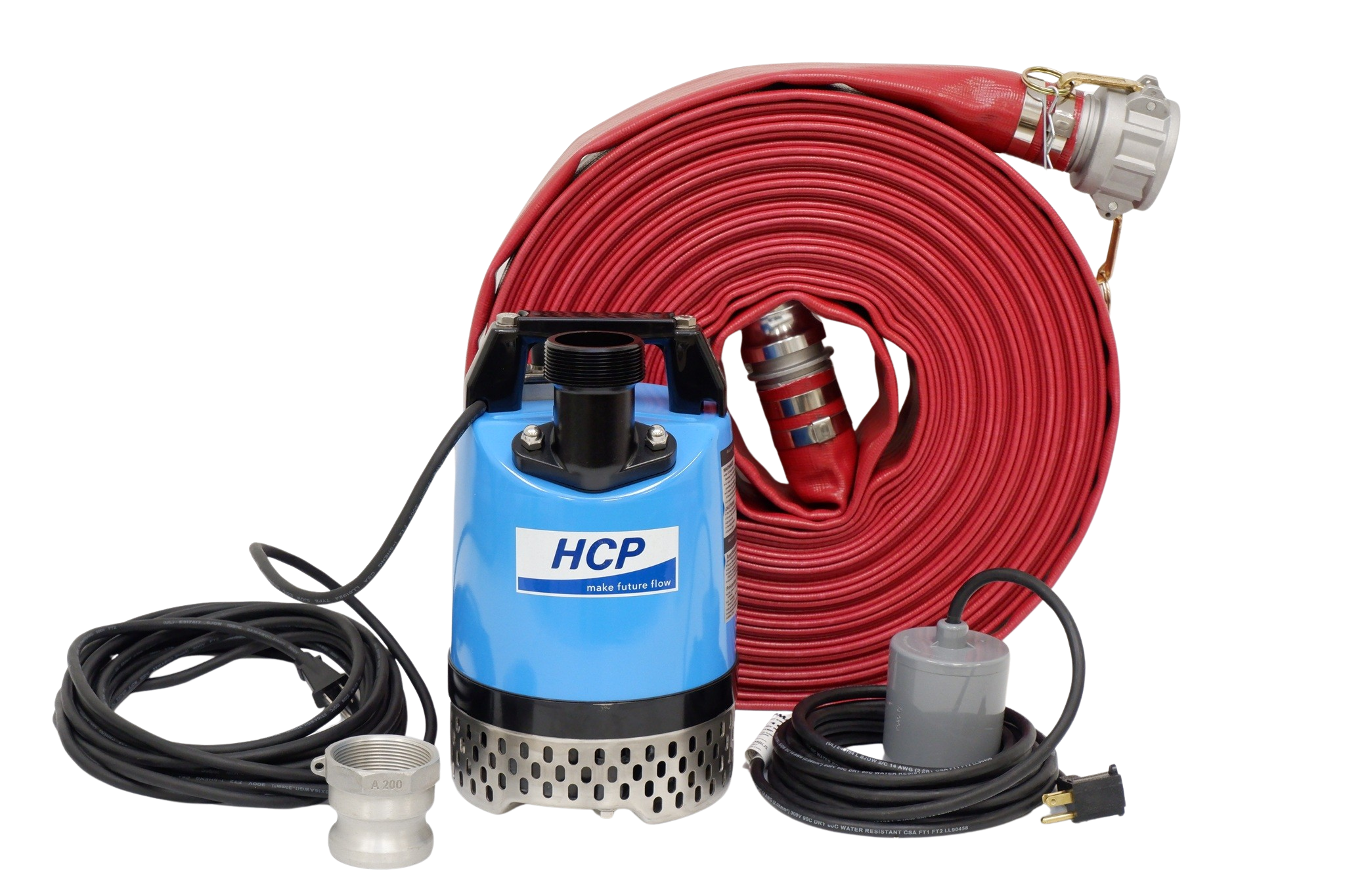 HCP GD-400 submersible pump bundle with red discharge hose and fittings