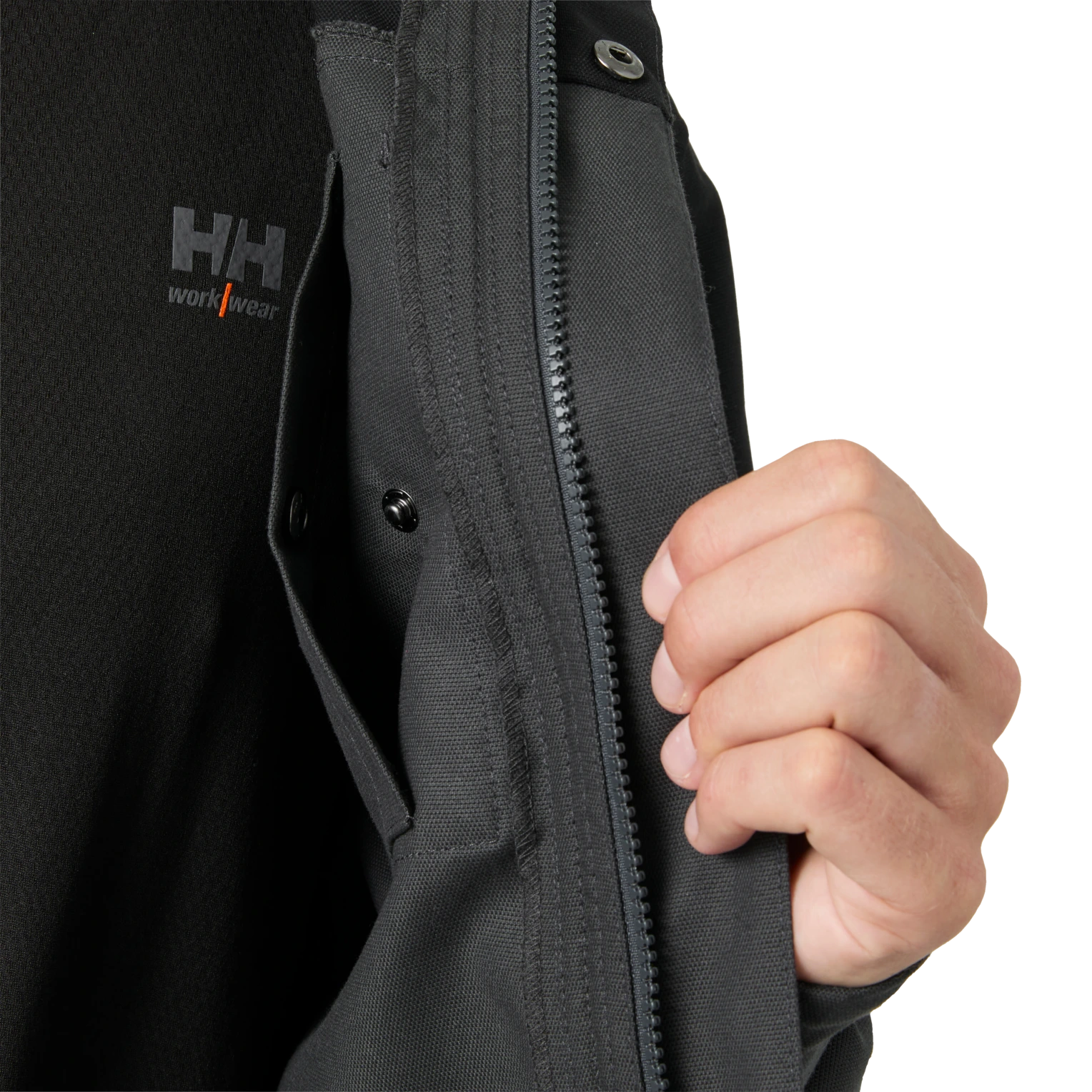 Close-up of Helly Hansen Oxford black work jacket front zipper