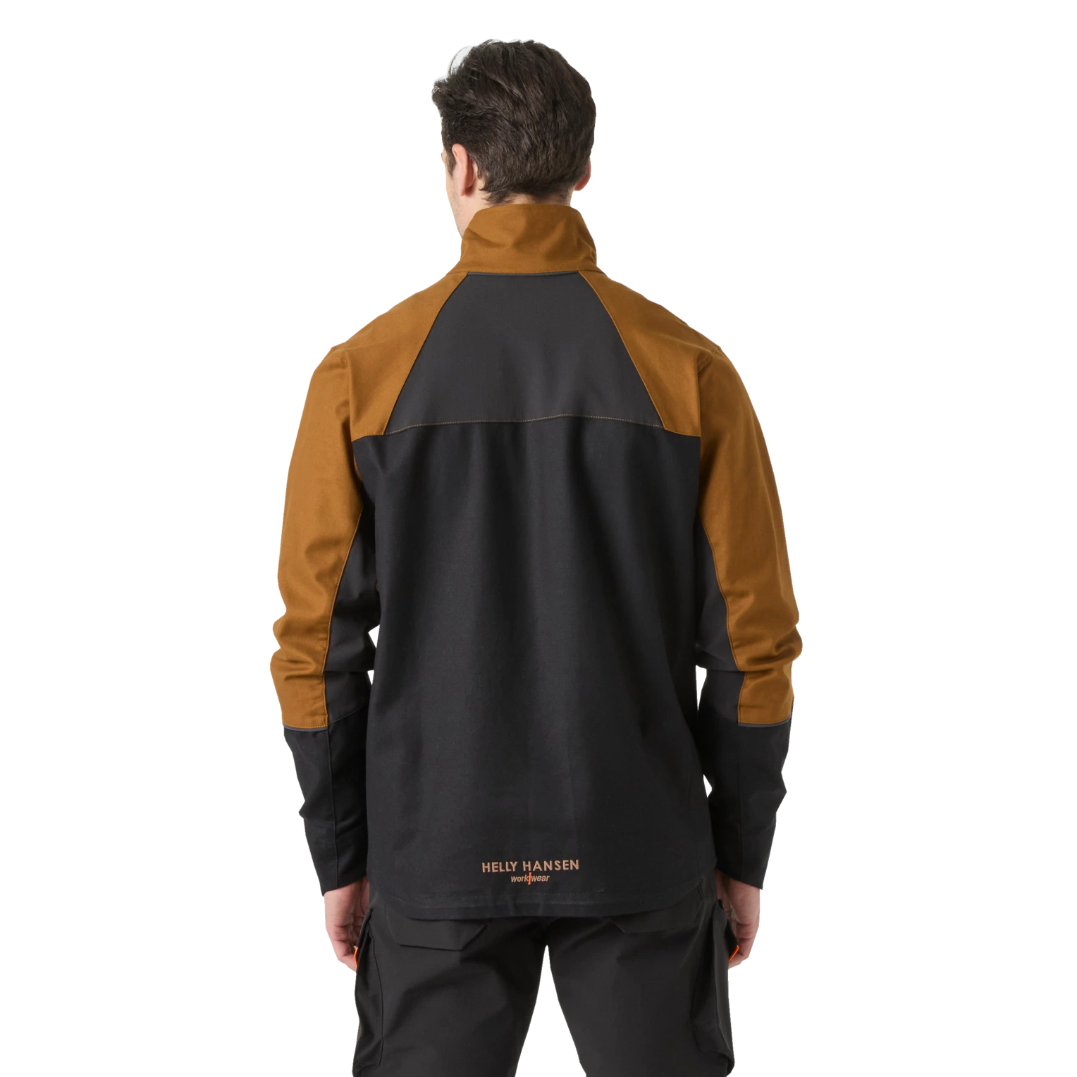 Male model showing Helly Hansen Oxford brown black jacket back
